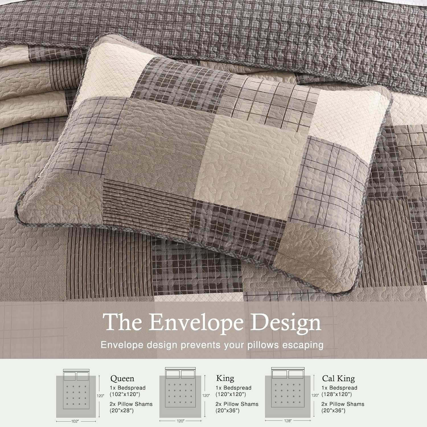 Farmhouse Bedspread King Size 120"x120" - 100% Cotton Lightweight Oversized King Quilt with 2 Pillowshams, Cottage Plaid King Quilted Bedding Bed Spreads Coverlet, Brown/Beige/Khaki - Image 6