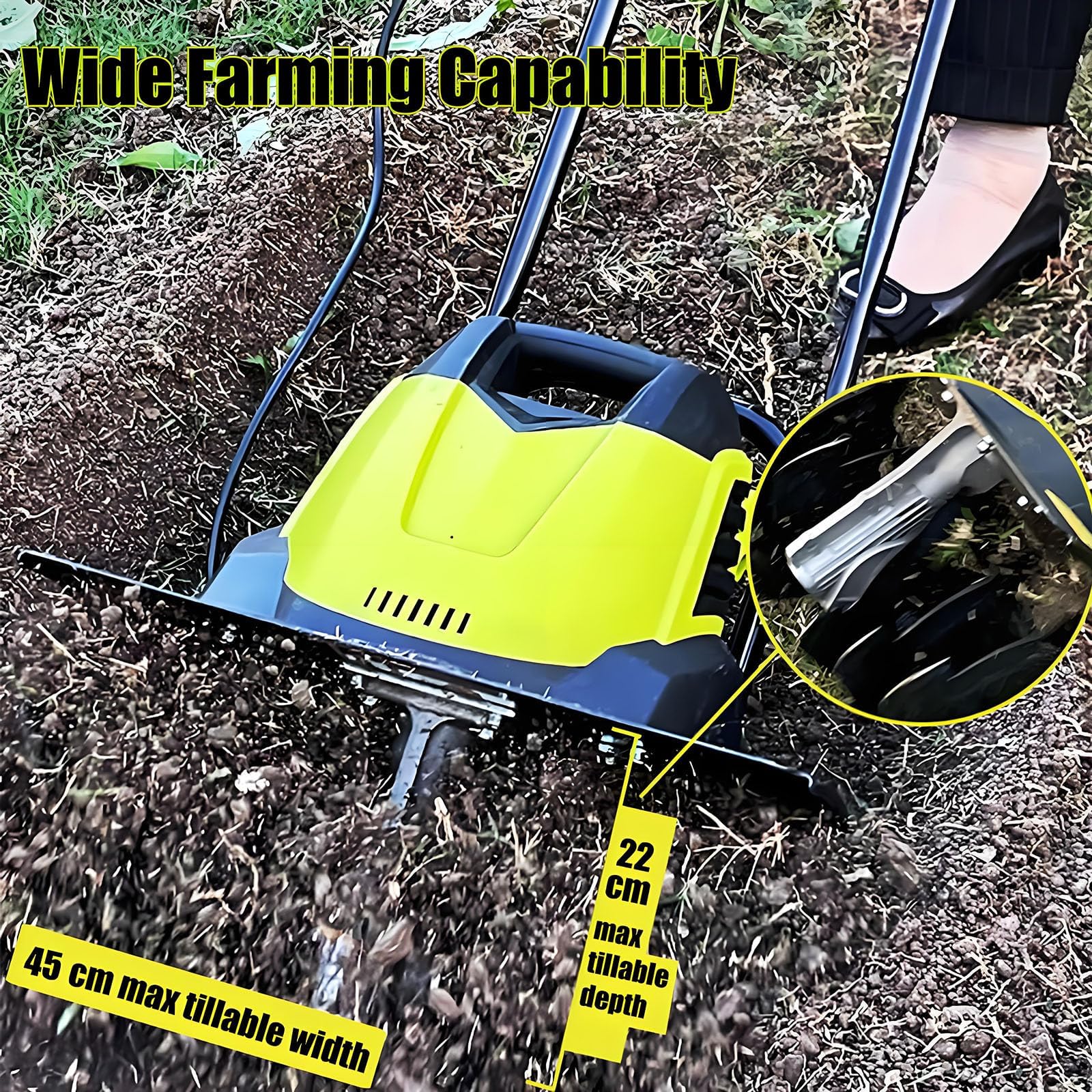 Elektryczny kultywator kultywatora 2400 W, 3 wymienne ostrza, szerokość 45 cm, głębokość 22 cm, 2 kółka – rotavator ogrodowy do przydziału trawnika na podwórko