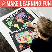 Vista 2 de Hadley Designs 4 carteles del alfabeto, mapa de Estados Unidos, mapa del mundo y sistema solar, gráficos ABC laminados para decoración de pared