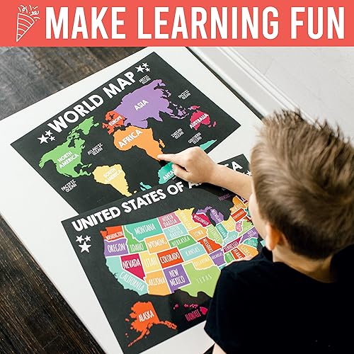Miniatura 2 de Hadley Designs 4 carteles del alfabeto, mapa de Estados Unidos, mapa del mundo y sistema solar, gráficos ABC laminados para decoración de pared de