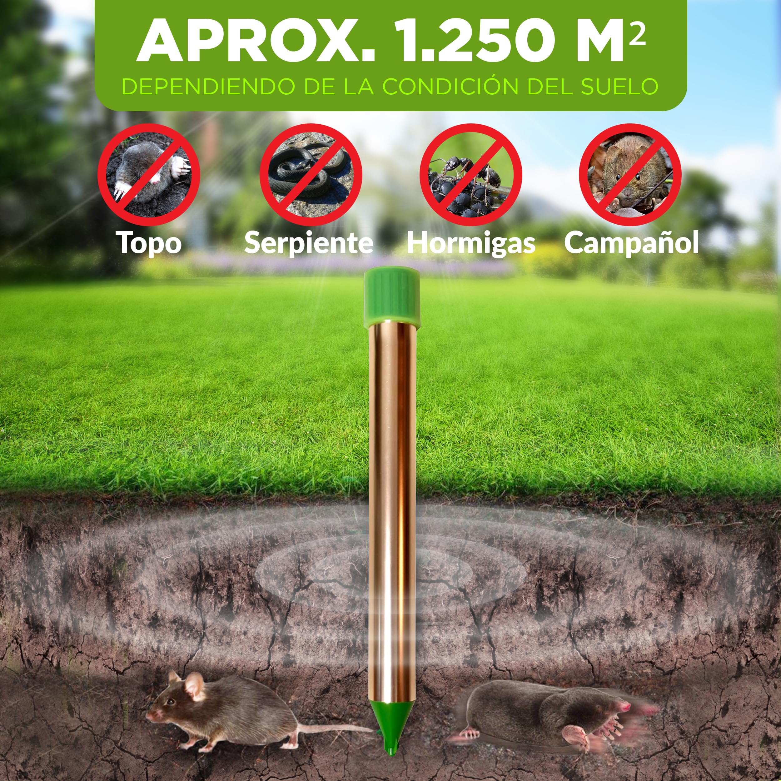 ISOTRONIC Repelente para Topos, topillos y Serpientes: Funciona con Pilas e Incluye una estaca para el Suelo del jardín. Cubre un área efectiva de 1250 m² (2 Unidades).