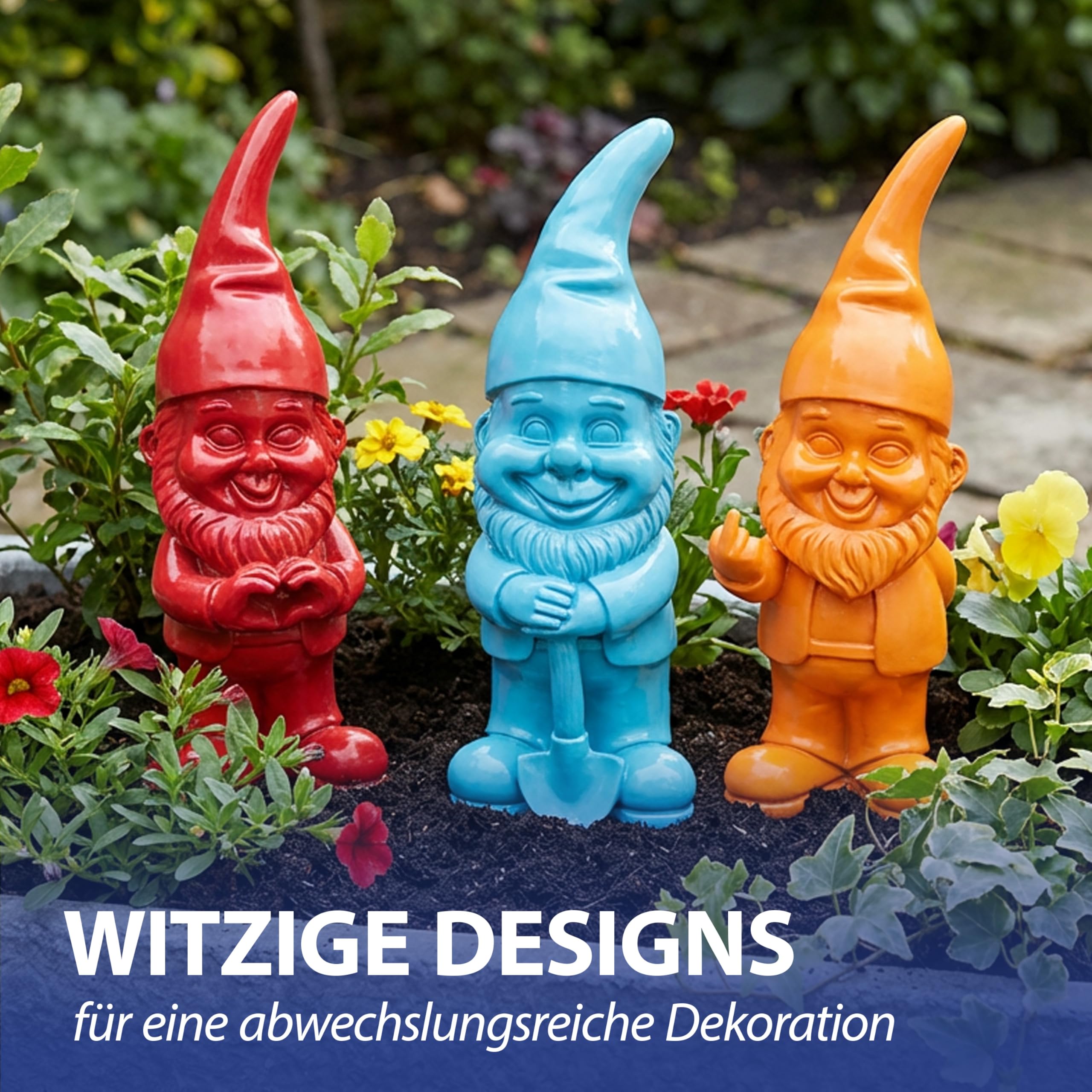 Cepewa XXL Gartenzwerg 3er Set | Polyresin rot türkis orange 20x60x16cm | Dekofigur zum Aufstellen in Haus und Garten | Gartenfigur Zwerg Beetwächter (1 x 3er Set XXL Gartenzwerge rot türkis orange)