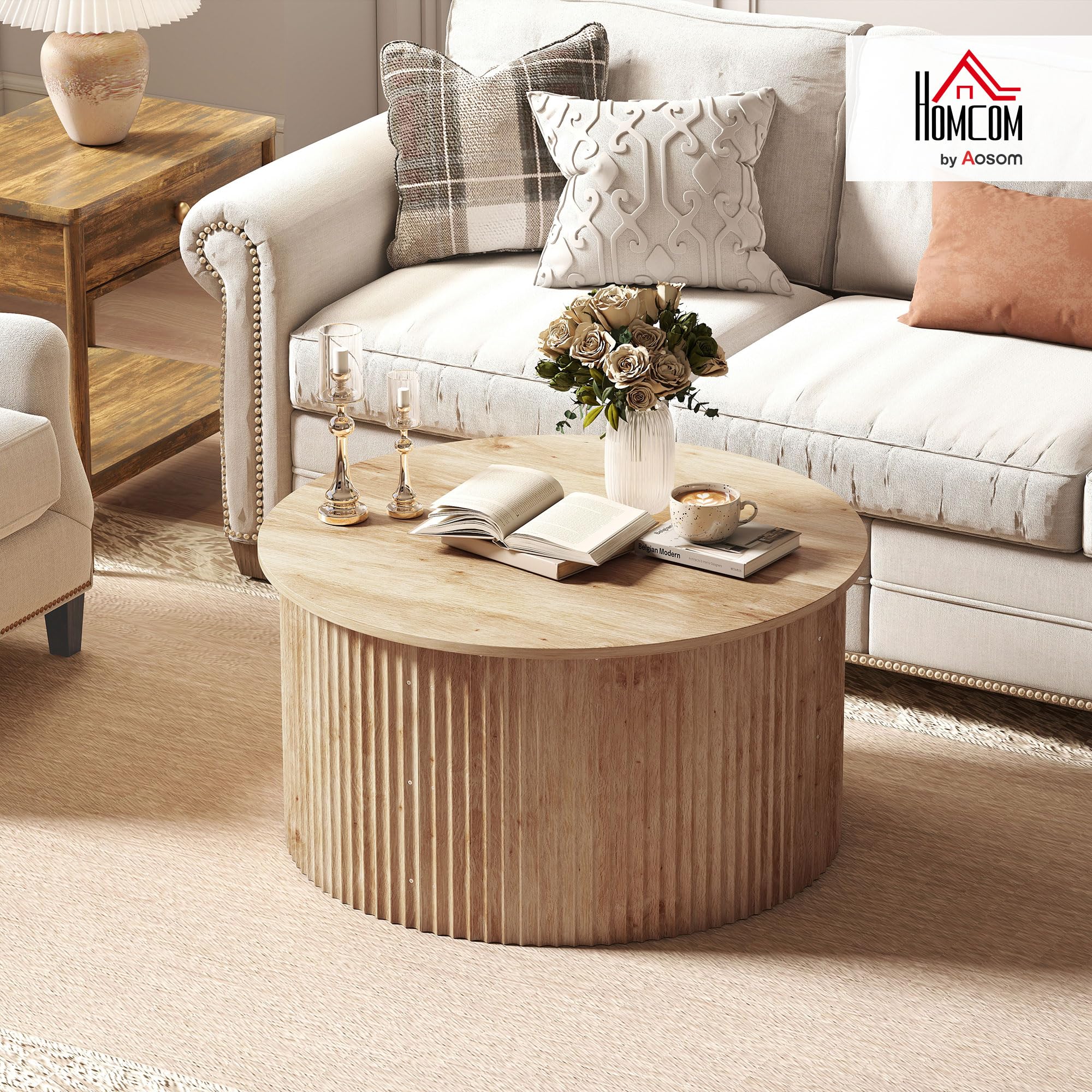 HOMCOM Mesa Centro elevable 32" Acanalada Comp. Ocultos Madera Natural | Mesa de centro redonda moderna, tapa abatible con cierre suave, para sala de estar