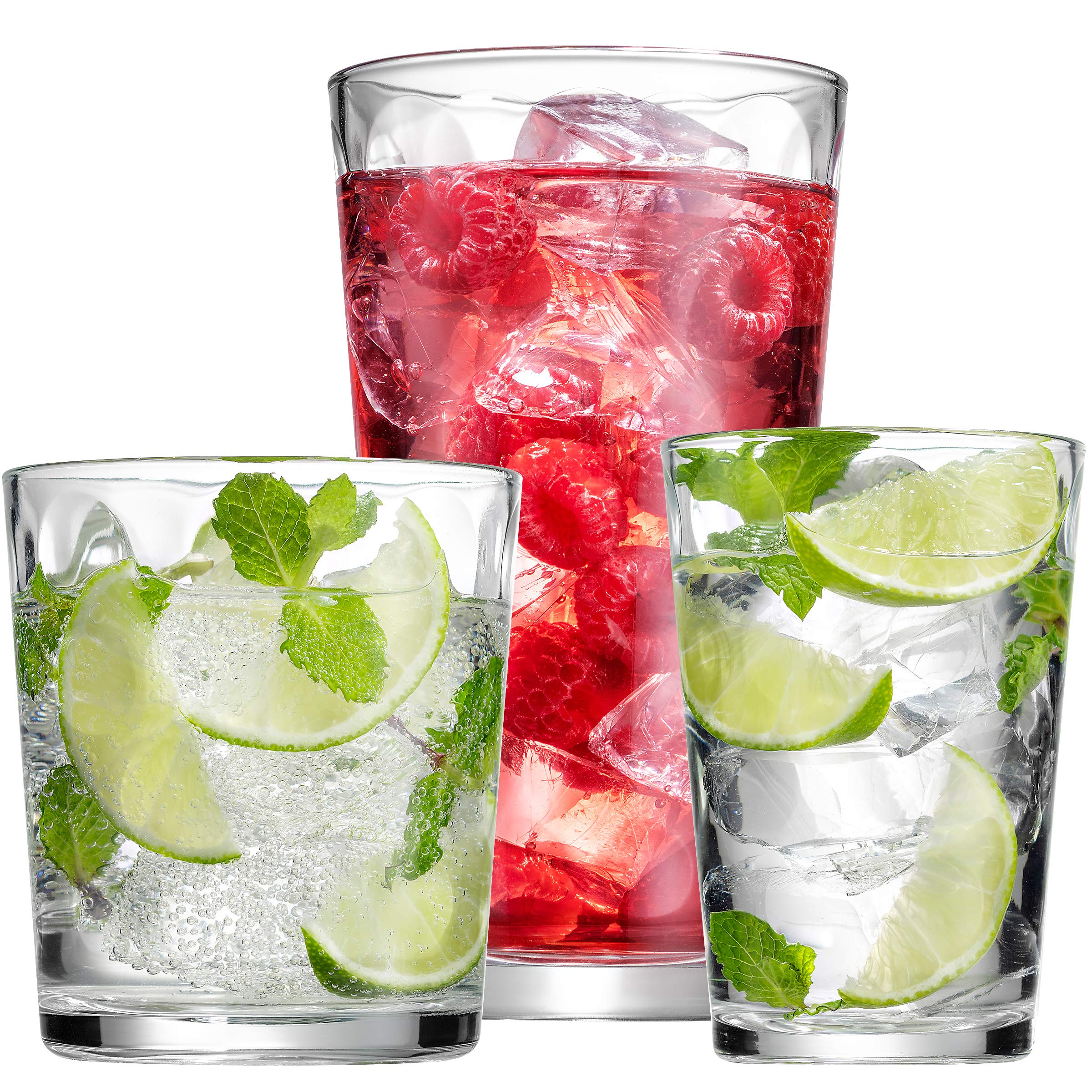Lumientti Highball Glasses Set of 18 Drinking Glasses - Includes: 6-17-Ounce Hiball Glasses & 6-13-Ounce DOF Glasses, & 6 7-Ounce Juice Glasses. | Durable & Attractive Highball & Drinking Glasses