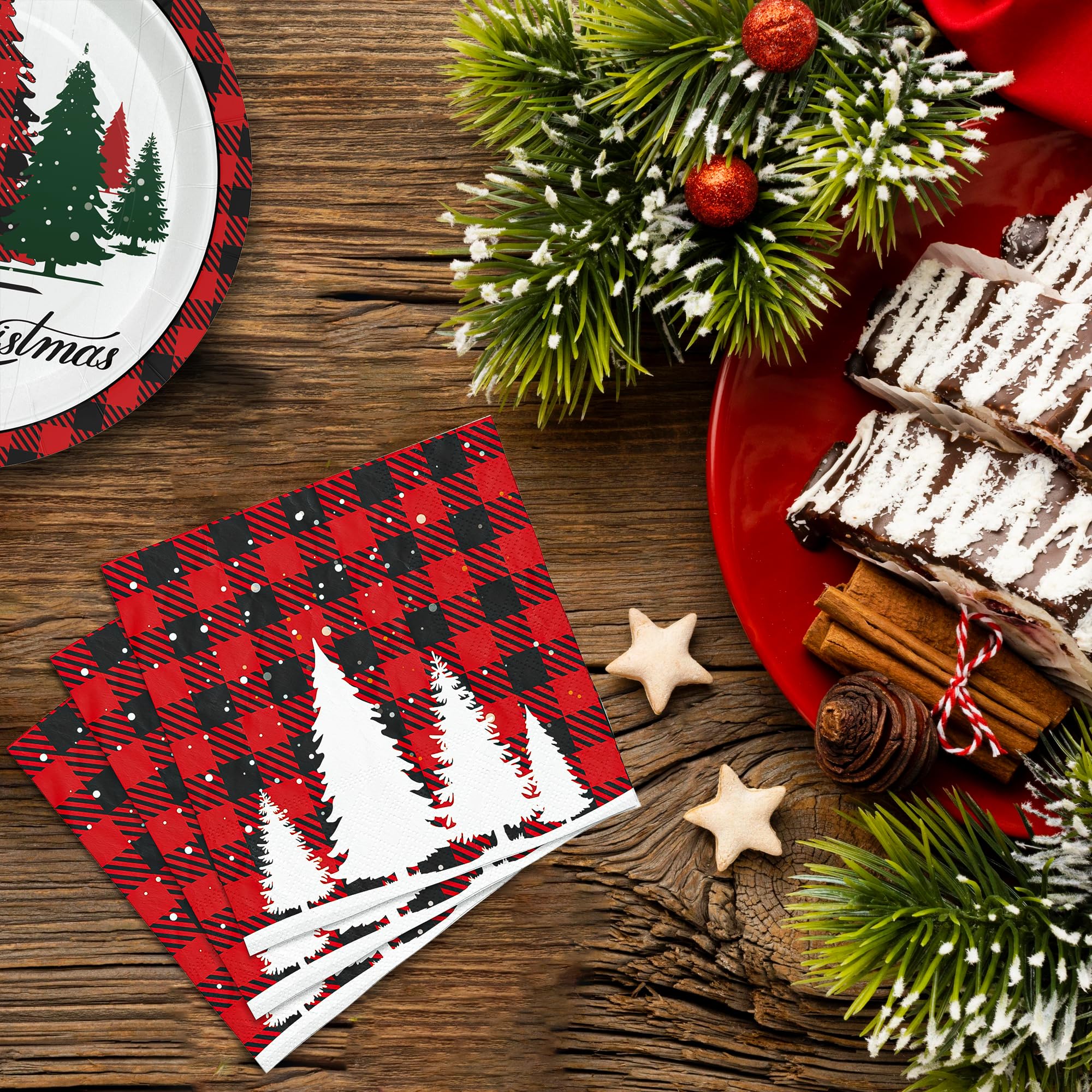 Homlouue 200 platos y servilletas de papel de Navidad, platos y servilletas rojos y blancos desechables, platos y servilletas de Navidad para 50 invitados, decoraciones de mesa de fiesta de Navidad