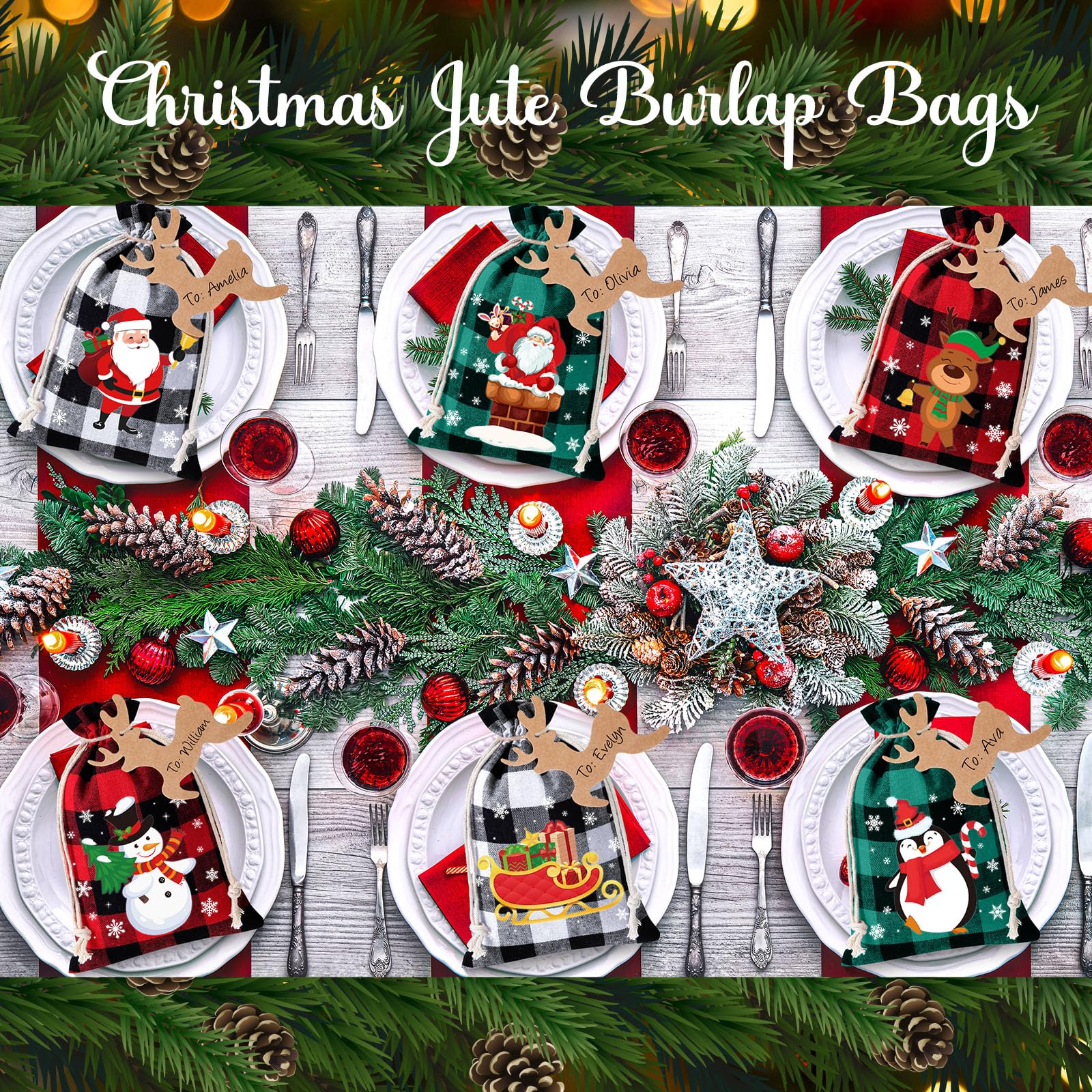 Shappy Lot de 24 sacs cadeaux de Noël en toile de jute avec cordons de serrage - Petits sacs cadeaux de Noël pour Noël, vacances, Nouvel An, fournitures de fête (25,4 x 20,3 cm, style élégant)