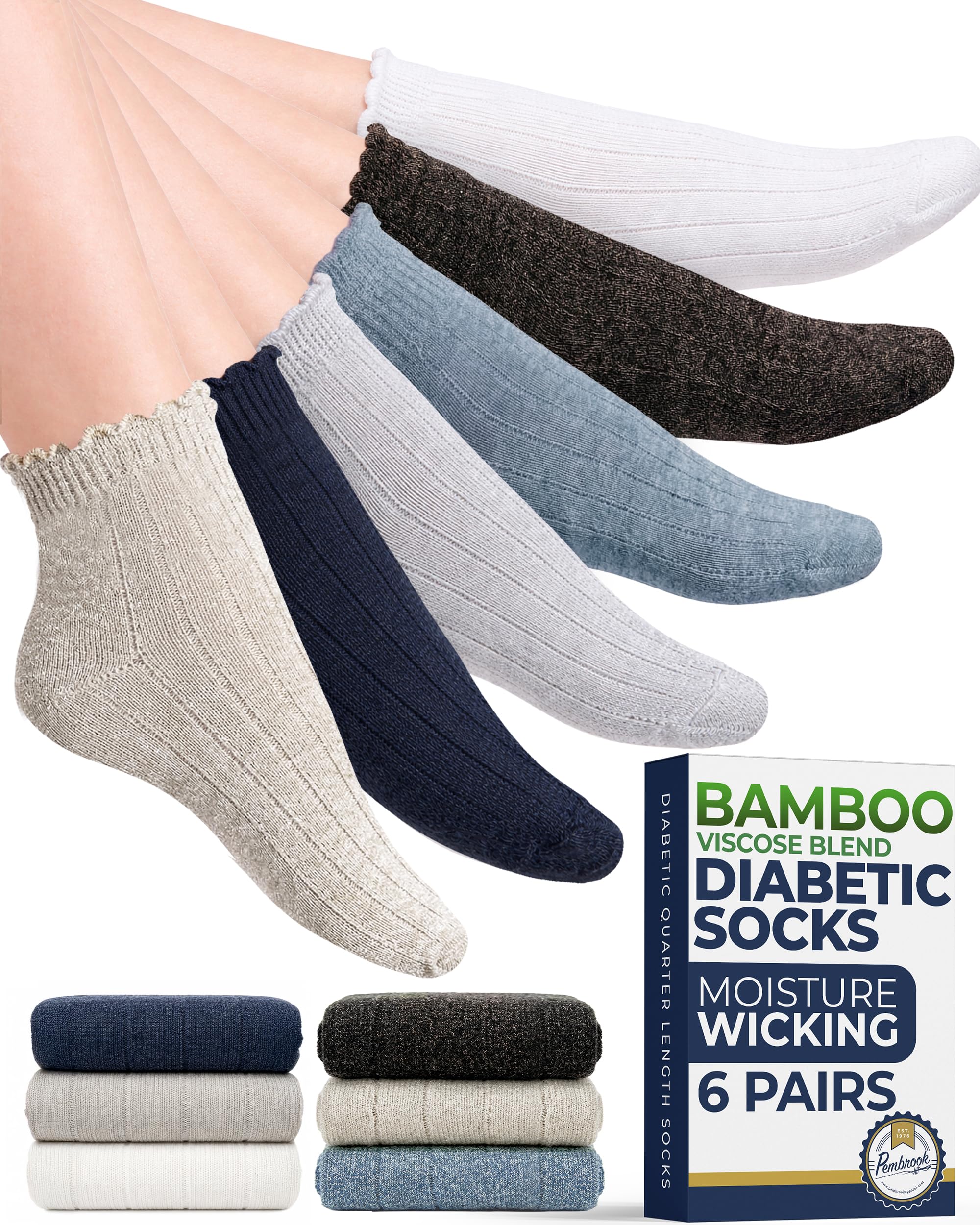 Pembrook® Frill Knit Bamboo Viscose Diabetic Socks for Women &amp; Men 6 Pairs
