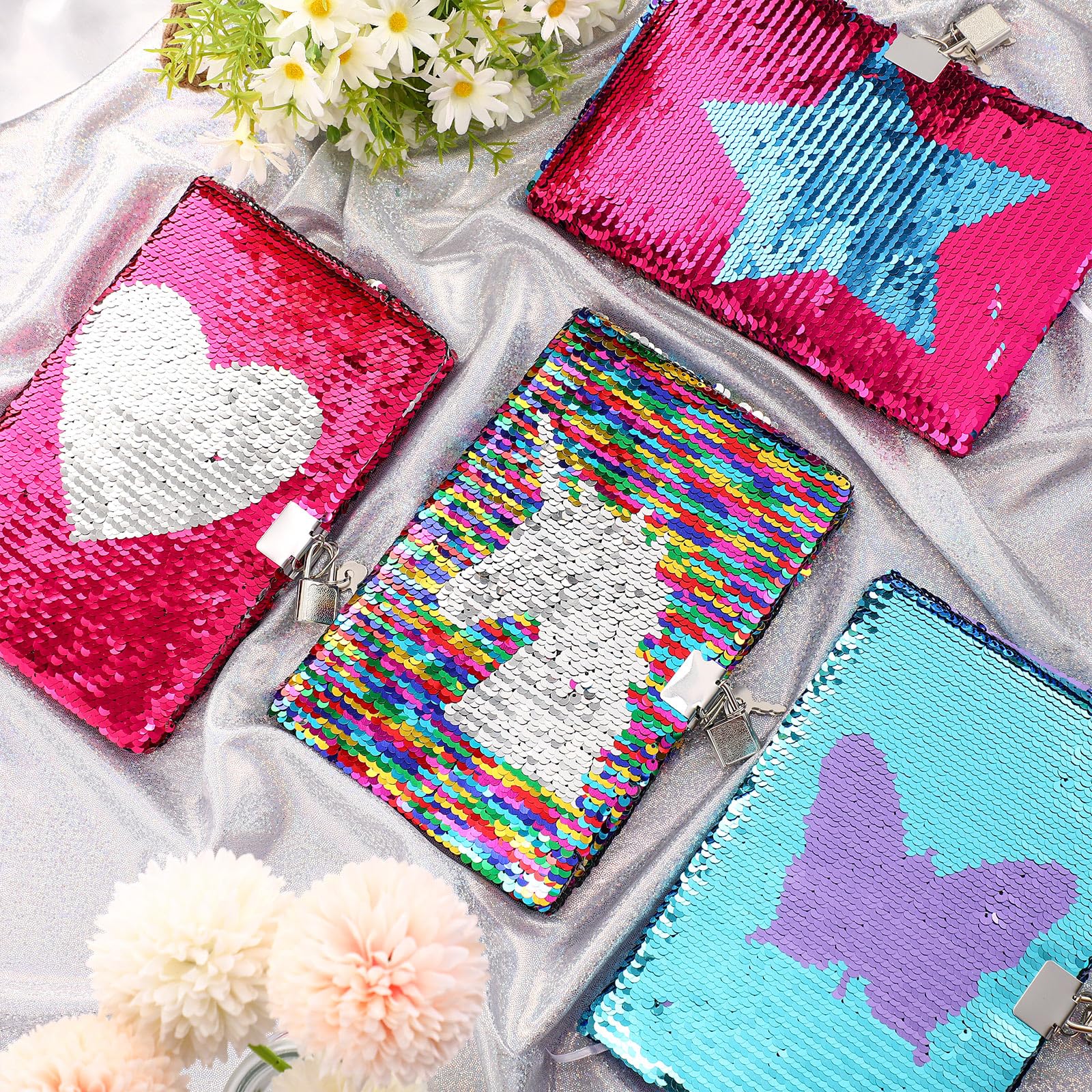 Tenceur 4 quaderni con paillettes con serratura e chiave, diario reversibile con paillettes per ragazze, diario di viaggio a righe, diario segreto, per adolescenti, regalo di compleanno, Halloween,