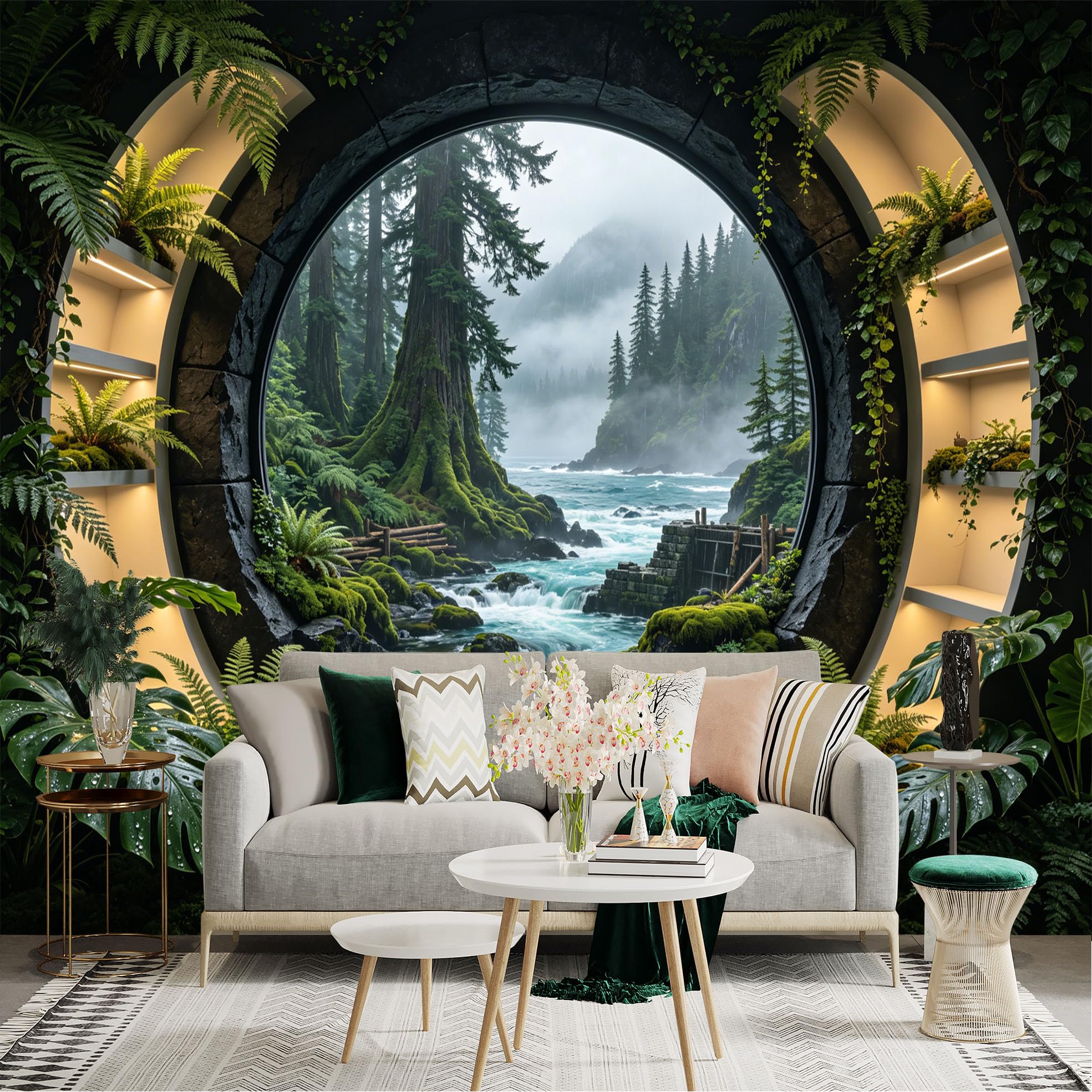 Lnzczhyre Dbh260521114 Custom Size Wall Sticker Mural， Circular Window View， Misty River In Lush Forest， Mossy Rocks And Ferns， Natural Landscape， For Wall Decoration， Peelandstick Wall Decals.