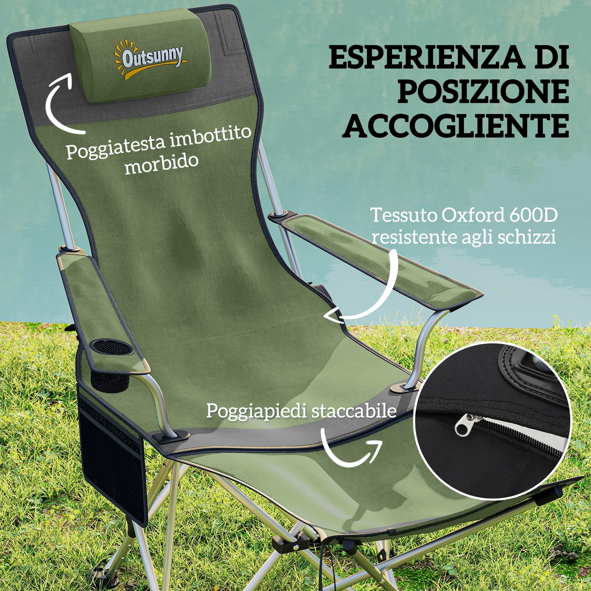 Outsunny Set 2 Sedie da Campeggio Pieghevoli con Poggiapiedi Staccabile, Portabicchieri e Tasca Laterale, Sedie da Giardino in Tessuto Oxford e Metallo, Portata Fino a 120 kg, 125x48x90 cm, Verde