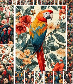 Decoupage Paper Pack (35 Sheets 6"x8") Tropical Parrots: Vibrant Macaws and Cockatoos Perched Among Exotic Blooms in Lush Greenery with Bold and Rich Colors FLONZ Vintage
