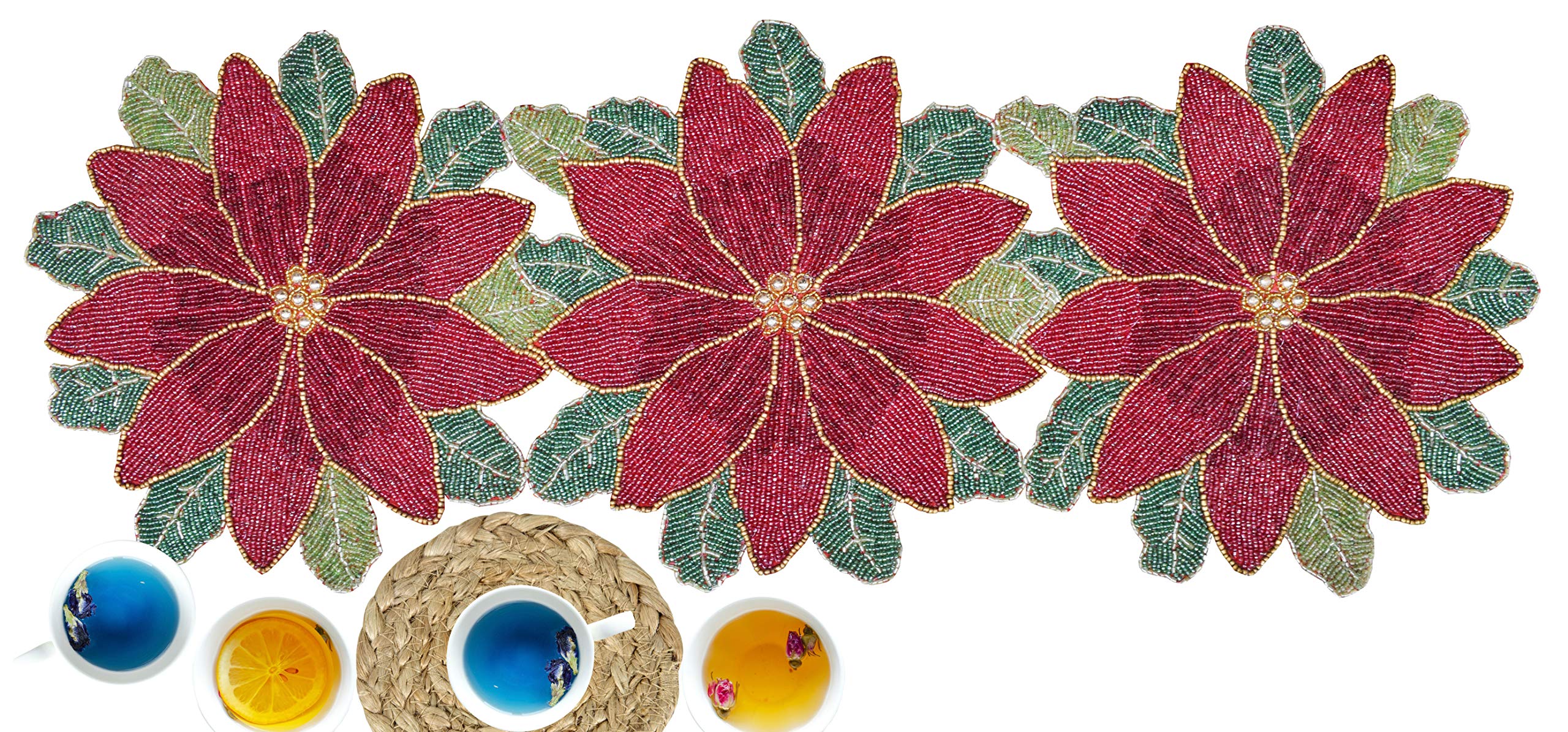 Lightnpro Beaded Table Runner 36 Inch - Decorative Elegant Fancy Beautiful Flower & Leaves Design Poinsettia Runner for Christmas New Year Thanksgiving Gift Table Décor - 13x36 Inch Maroon Green
