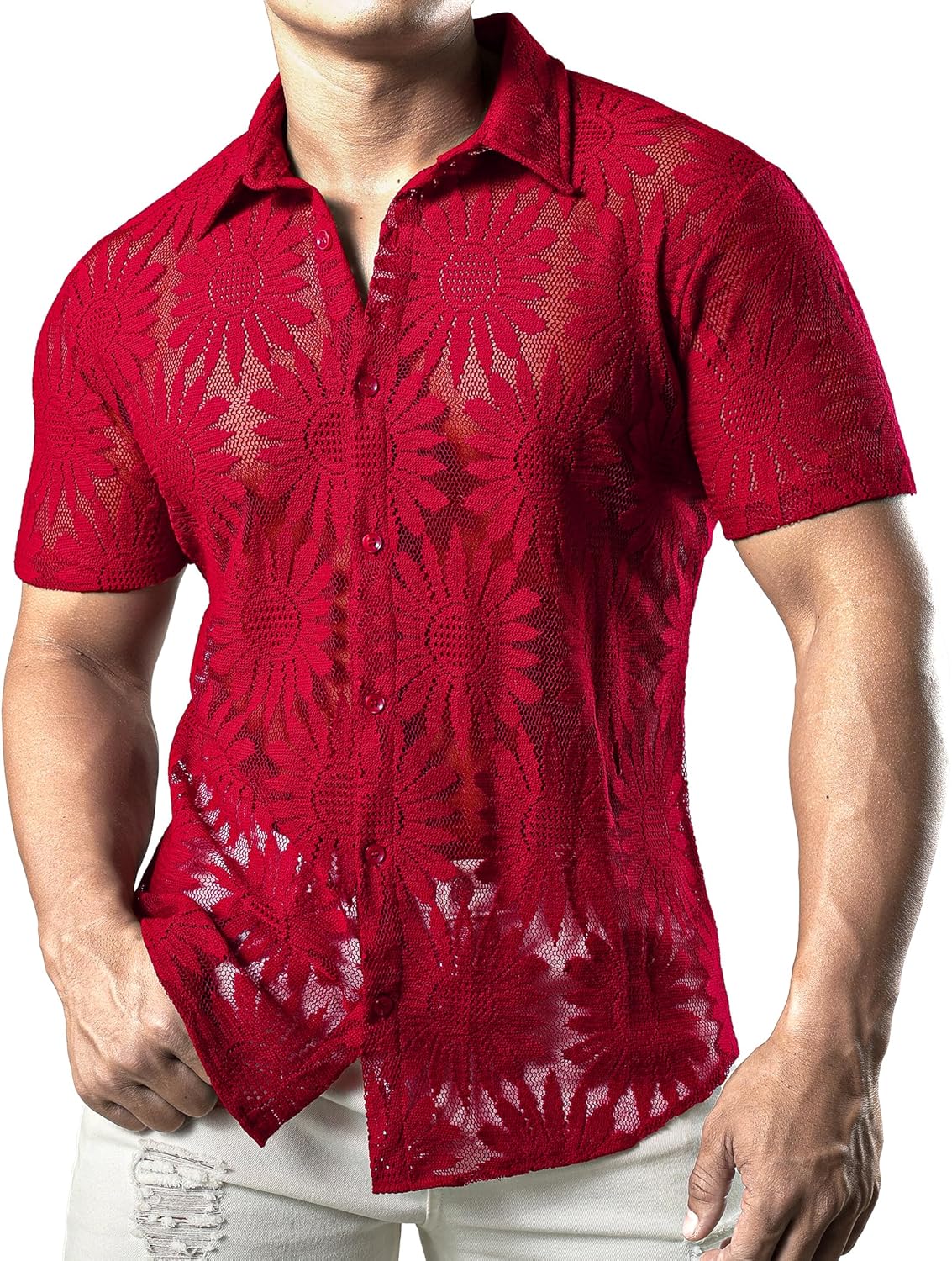 JOGAL Mens Floral Lace Shirt See Through Casual Button Down Shirts - Image 3