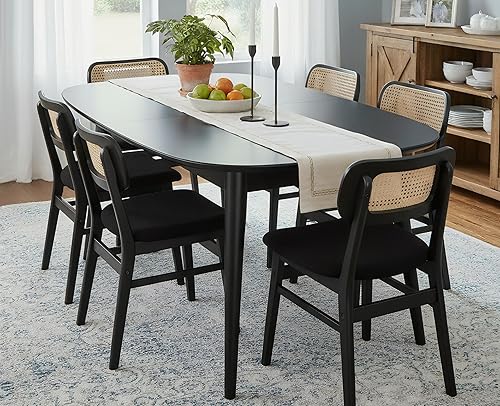 Vista 15 de EALSON Juego de 2 sillas de comedor de ratán, tapizadas de cuero, sillas de cocina de madera modernas de mediados de siglo, sillas laterales sin