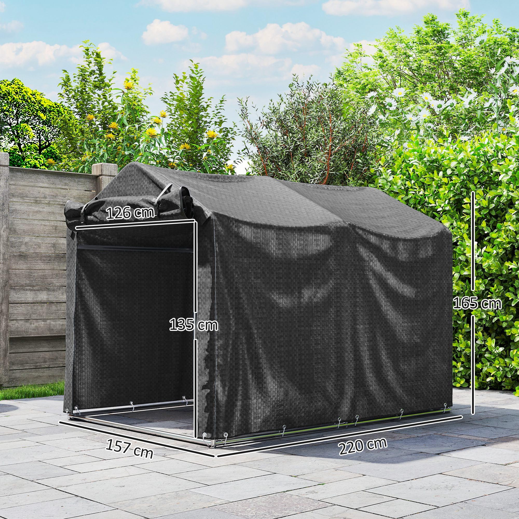 Outsunny Garagenzelt Wasserdicht mit Rolltür 220 x 157 x 165 cm Schwarz | UV-beständig, Fahrradabdeckung, Gerätehaus, Gerätezelt, Foliengerätehaus, Fahradgarage, Garage Für Aufsitzmäher