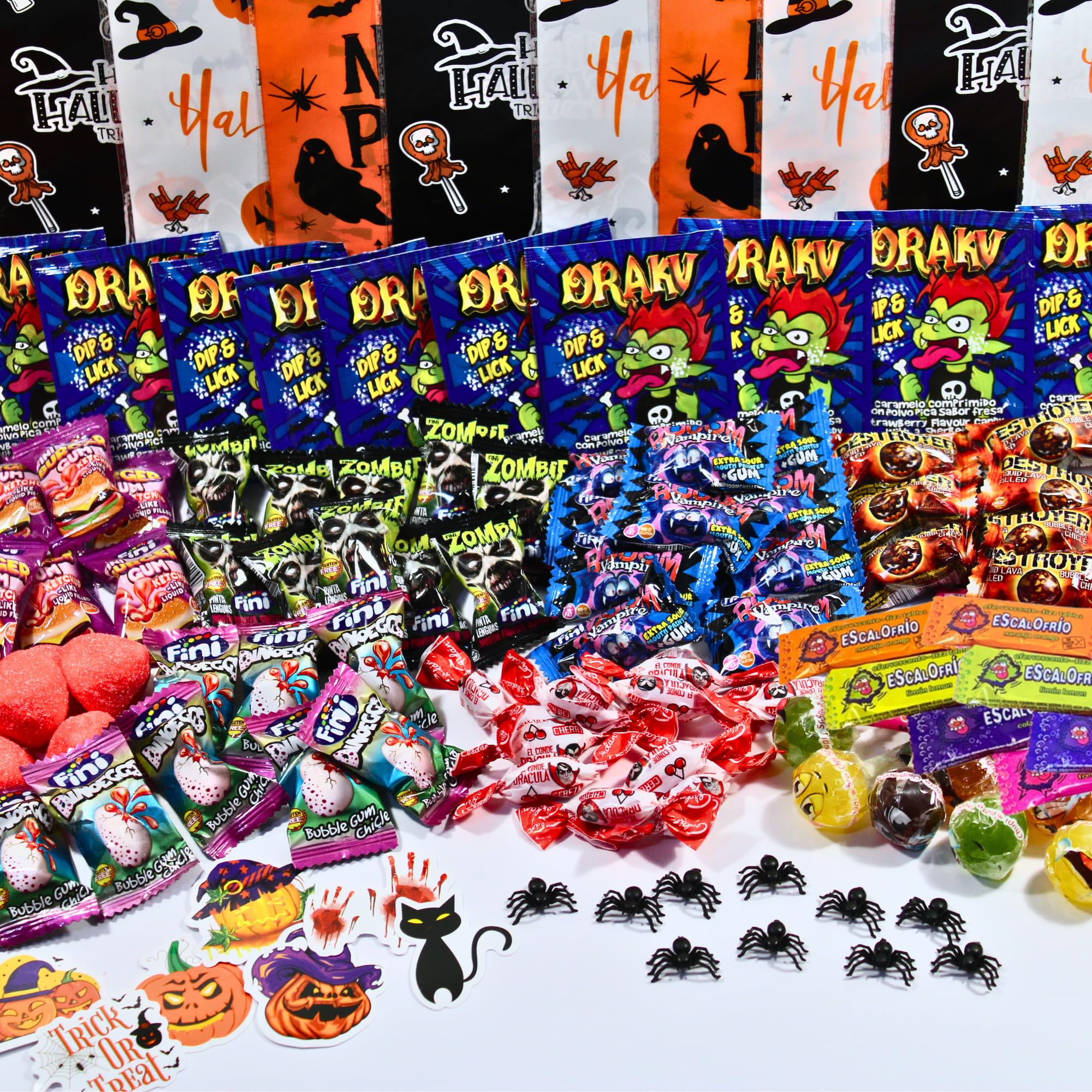 NEVALÜ Pack Halloween 100 Chuches + 10 Bolsas + 10 Pegatinas + 10 Arañas de Juguete. Surtido Envuelto Individualmente.
