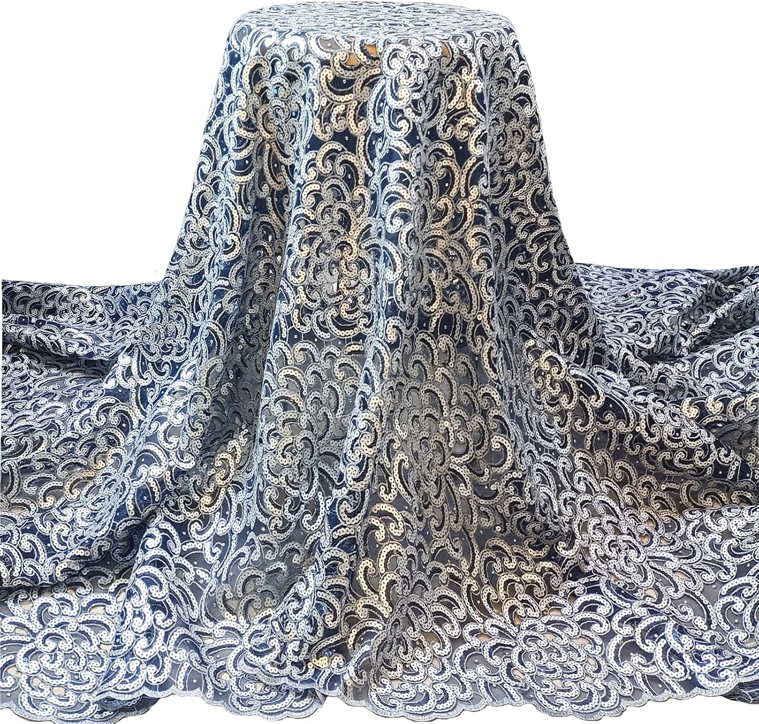 Bestway Lace Navy Blue Mesh African Lace Fabric French Floral Silver and Navy Blue Sequins Embroidered Fabric with Rhinestones Nigerian Wedding Asoebi Dress Material 5 Yards