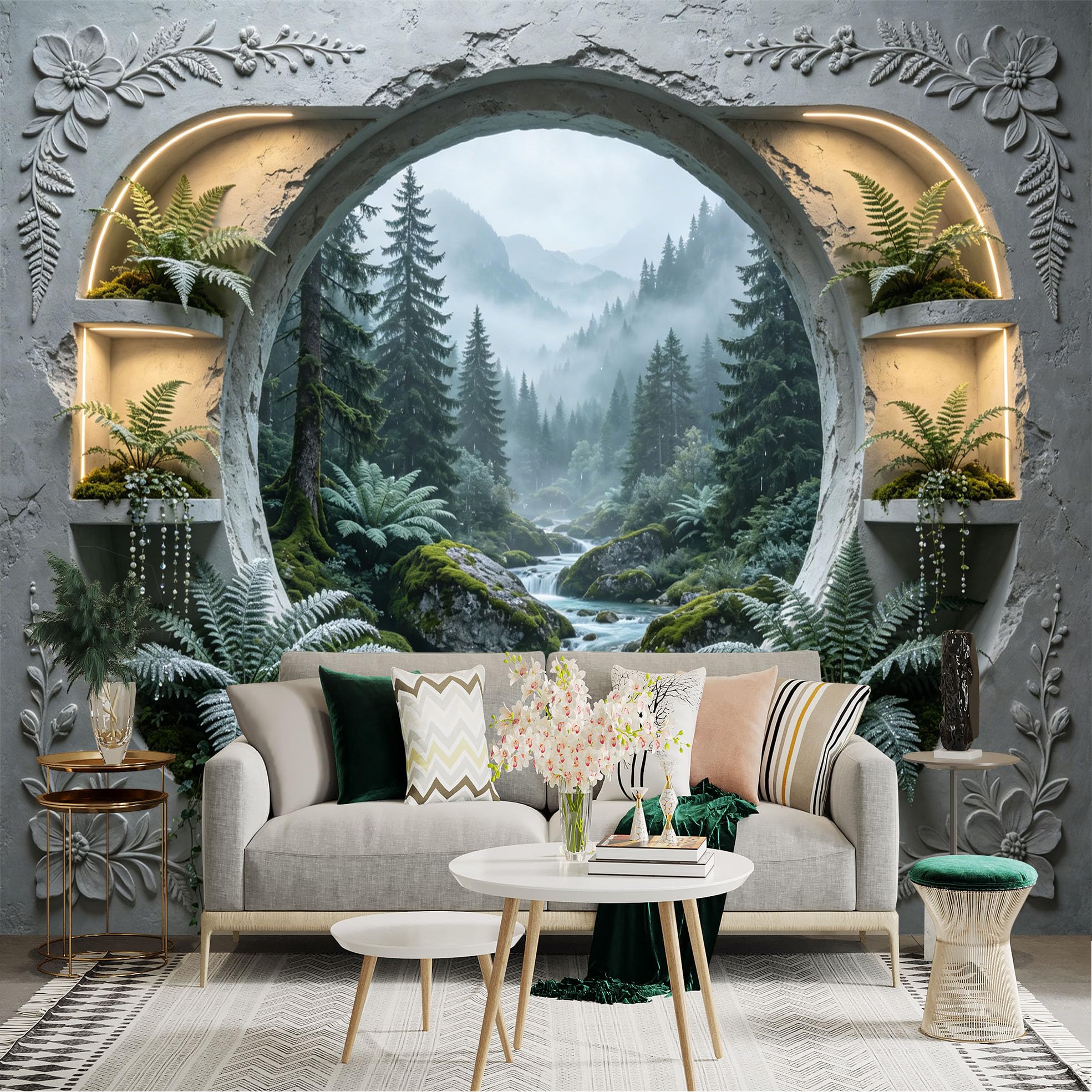 Custom Size Wall Sticker Mural， Misty Forest Waterfall with Ferns and Mountain Landscape， for wall Decoration， peelandstick wall Decals.