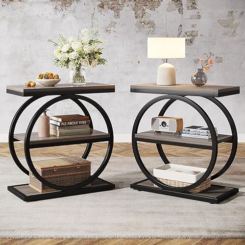 Tribesigns Juego de 2 mesas auxiliares, mesa auxiliar estrecha con 3 estantes de almacenamiento, mesa auxiliar de madera con marco de metal, mesa disponible en Yaxa Costa Rica