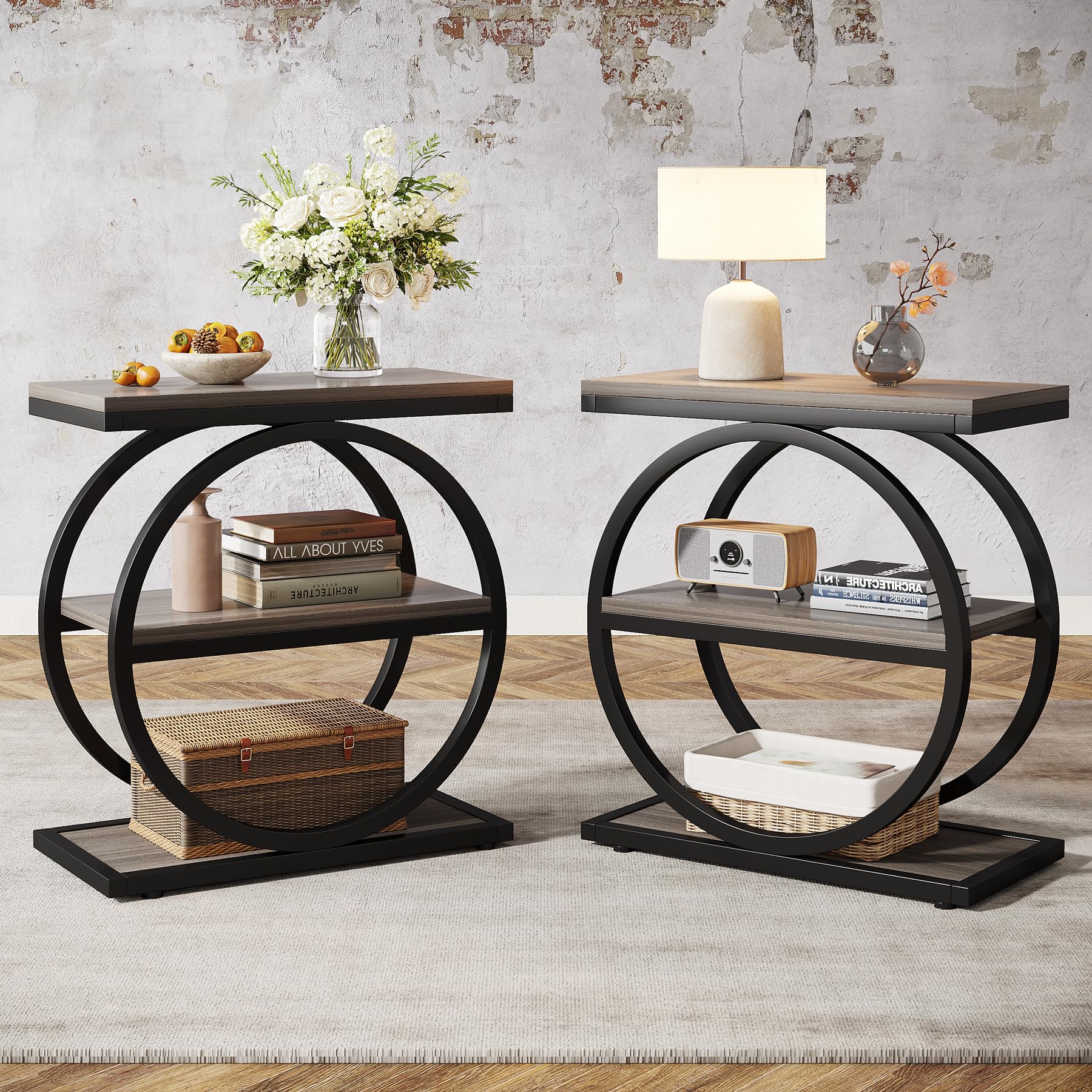 Tribesigns End Table Set of 2, Narrow End Table with 3 Storage Shelves, Wooden Side Table with Metal Frame, Small Sofa Side Table for Living Room, Grey Nightstand and Bedside Table for Bedroom