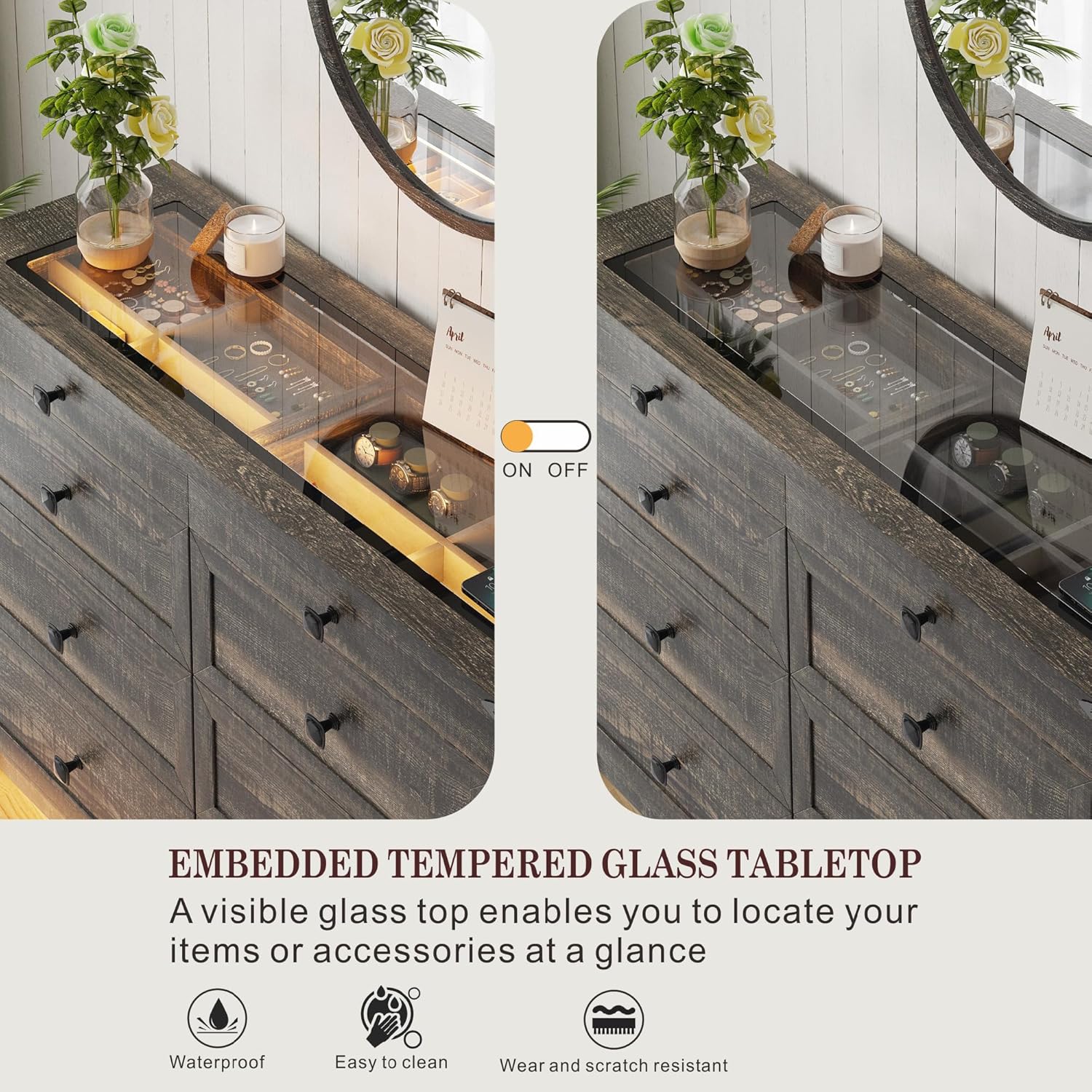 Close-up of the tempered glass top with light on and off