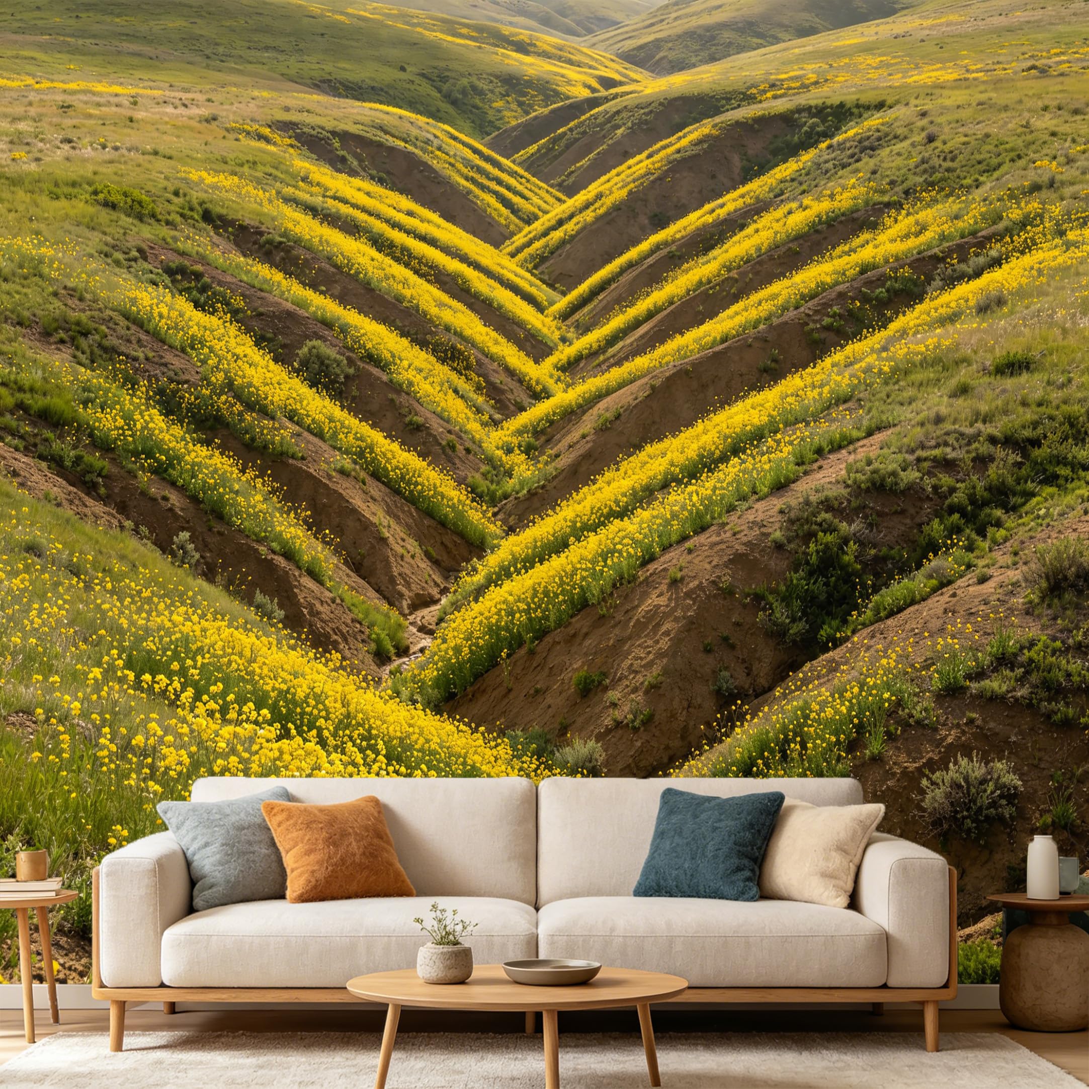 Custom Size Wall Mural Landscape Yellow Wildflower Valley Mountain Scenery SelfAdhesive Art Prints wall Fabric (No PVC) Removable Wallpaper Home Bedroom Decor
