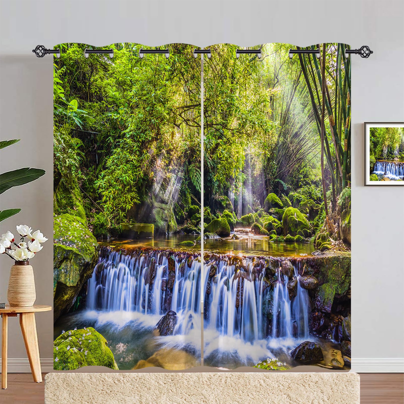 ANHOPE Waterfall Curtains Eyelet 80% Blackout Room Darkening Curtains with Nature Forest Waterfall Print Pattern Thermal Insulated Window Drapes for Bedroom Living Room 46 x 84 Inch Drop 2 Panels โ image 1