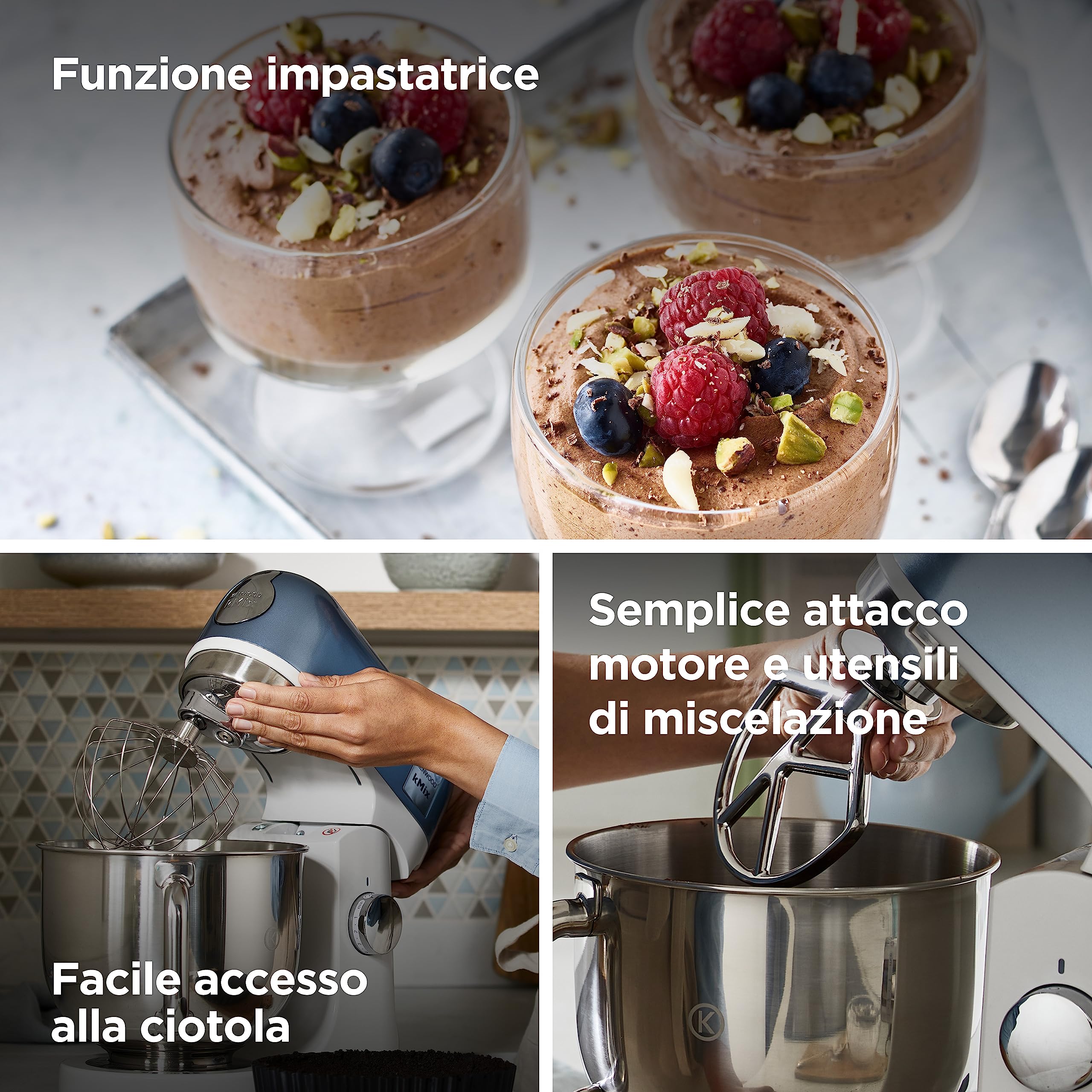 Kenwood KMX760BL KMIX Impastatrice Planetaria con Ciotola con manico in Acciaio da 5L, 3 Ganci di Miscelazione, Potenza 1000W, Personalizzabile con oltre 20 Accessori Acquistabili Separatamente, Blu