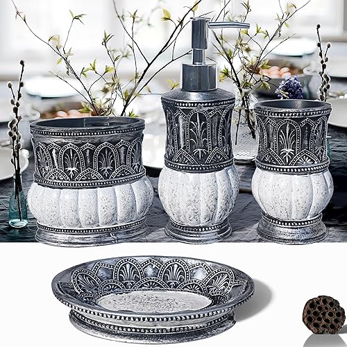 Pumkins - Juego de accesorios de baño, estilo retro, incluye 1 taza, 1 soporte para cepillos de dientes, 1 jabonera y 1 dispensador de jabón,