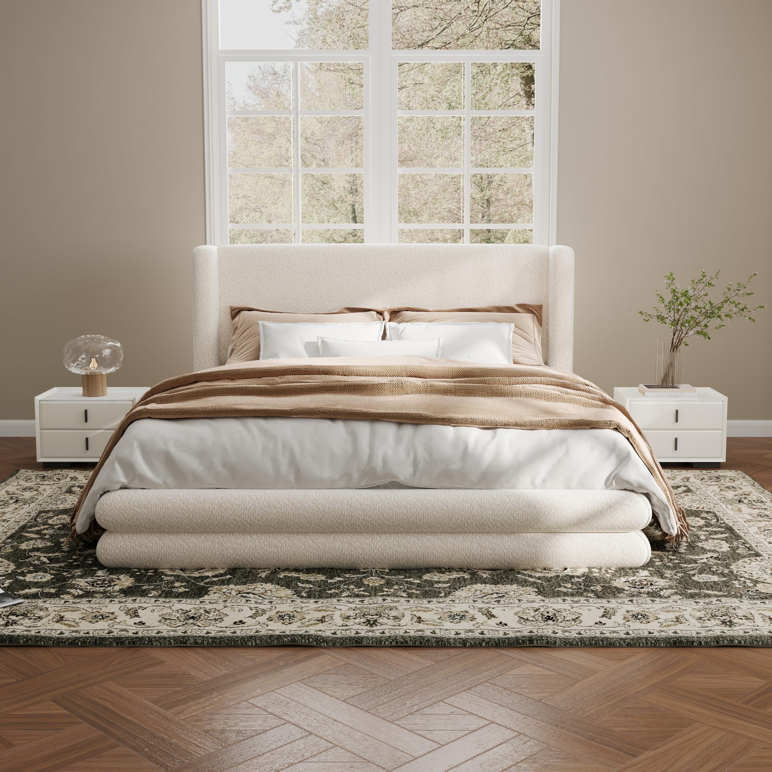 Merax Queen Size Bed Frame with Boucle Upholstered Headboard, 42.5" Wingback Platform Bed Frame with No Box Spring Needed, White Fabric Modern Bedroom