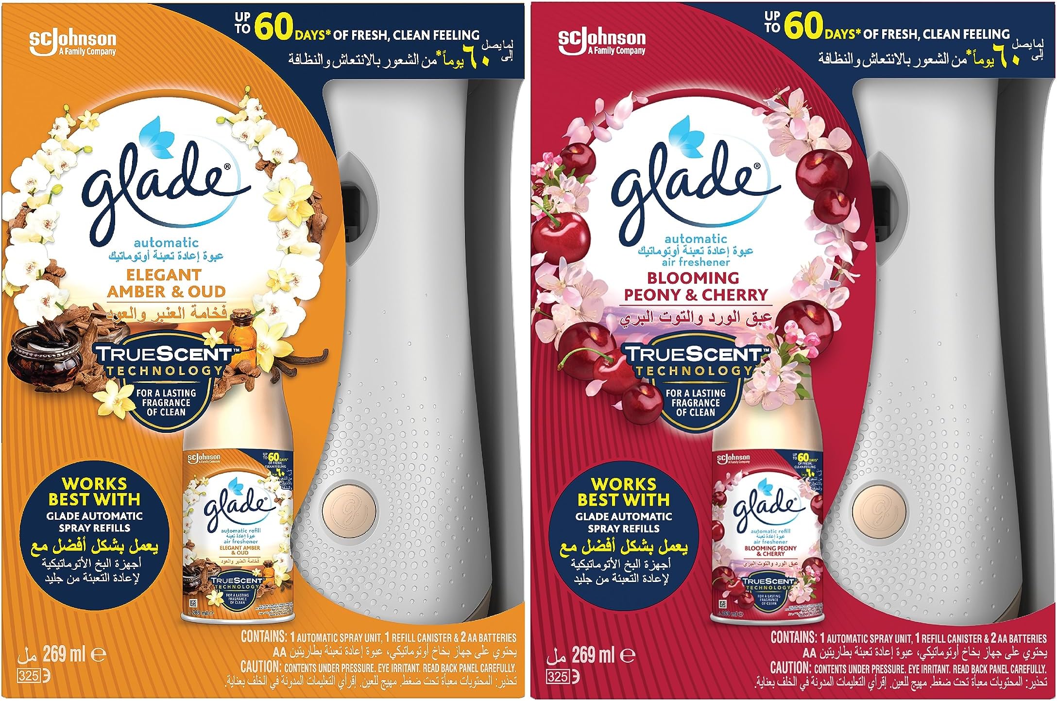 2 x Automatic Spray Holder With 2 x Air Freshener For Up To 60 Days Of Automatic Freshness, Odour Eliminator, Elegant Amber & Oud & Blooming Peony & Cherry