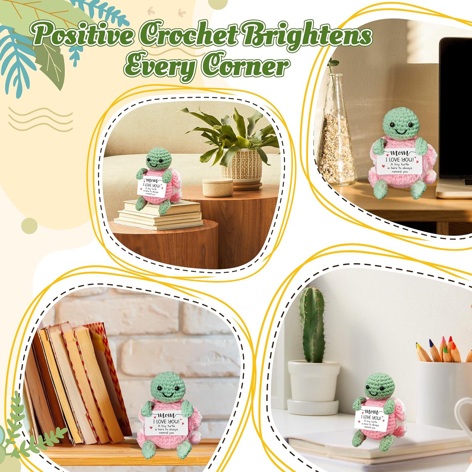 HEXMOZ Mom Gifts from Daughter, Son, Husband - Sentimental I Love You Birthday Gift Ideas for Mother, Mama, Mother-in-Law - Pink Turtle Crochet Emotional Support with Positive Card