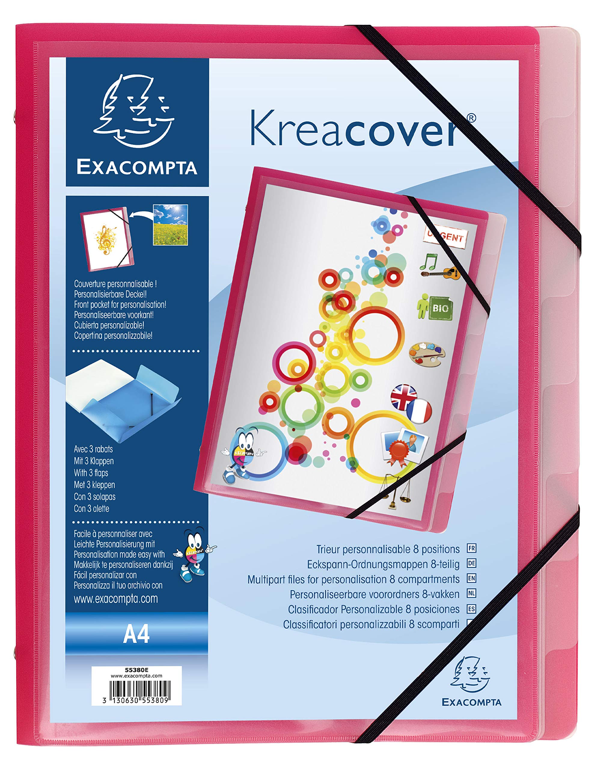Exacompta 55380E 10er Pack Premium Ordnungsmappe Kreacover. Aus stabilem Kunststoff DIN A4 8 Fächer mit 2 Gummizügen und 3 Klappen Register-Mappe Eckanner-Mappe 1 Stück Zufallsfarbe