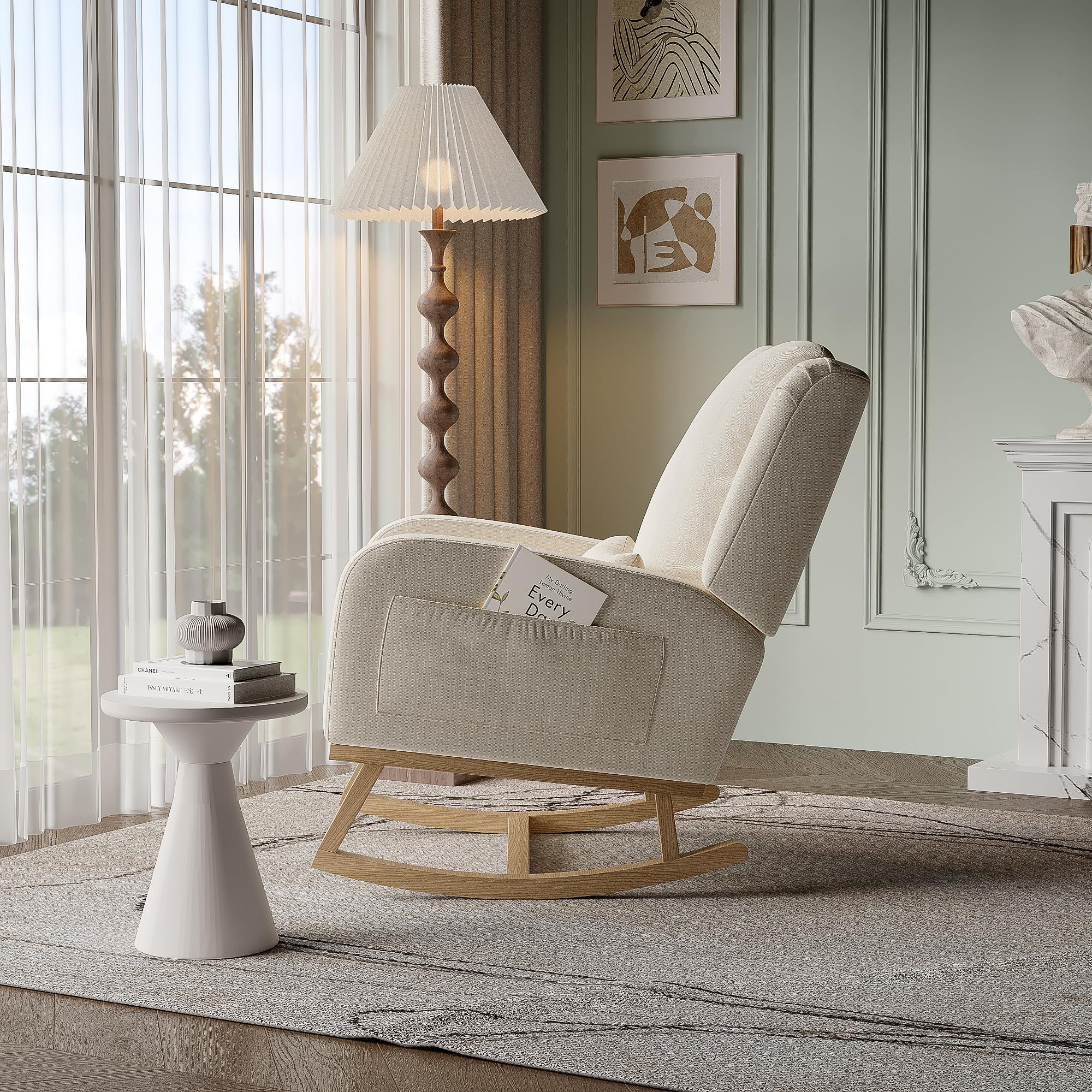 fotel bujany beżowy z lnu, fotel relaksacyjny z poduszką lędźwiową, fotel do salonu, bujany fotel do salonu sypialni, balkonu - obciążenie do 150 kg (beżowy - A)