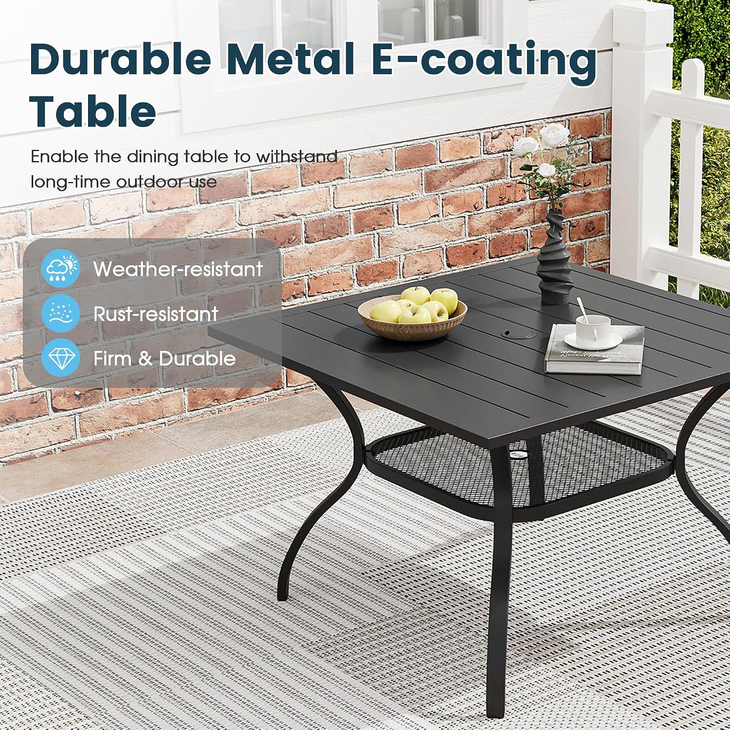 5 Pieces Outdoor Patio Dining Set, 37.8" All Weather Square Metal Table with Umbrella Hole and Storage Shelf, 4 High Back Textilene Swivel Chairs for Garden, Lawn, Black Table & Brown Chairs