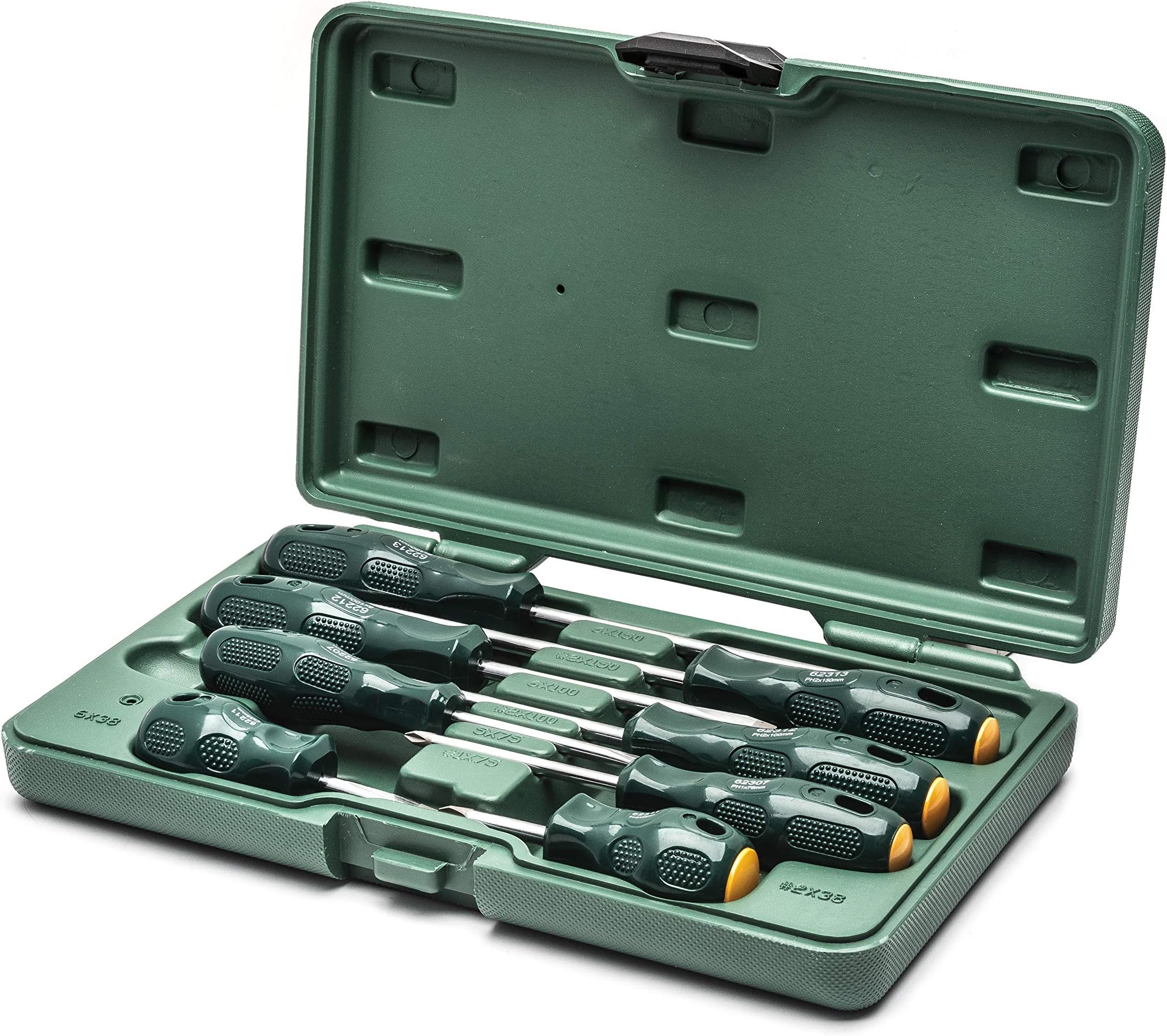 SATA 8-Piece Slotted and Phillips Screwdriver Set with Ergonomic Green Handles and a Durable Polyurethane Carrying Case - ST09306SJ