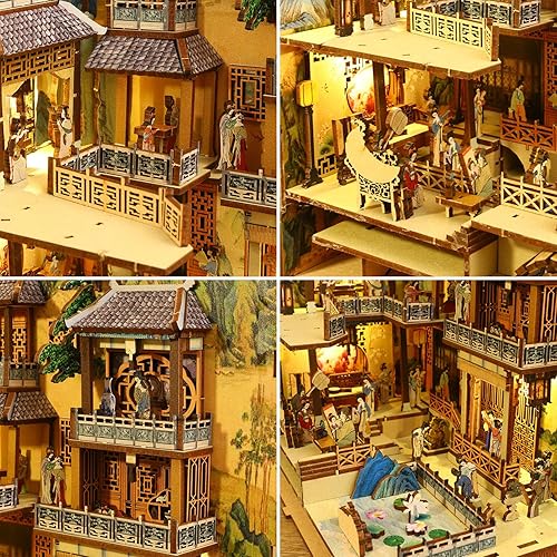 Miniatura 4 de Roroom Kit de rincón de libros de bricolaje, casa de muñecas de bricolaje, estantería de biblioteca, callejón de decoración, con rompecabezas de