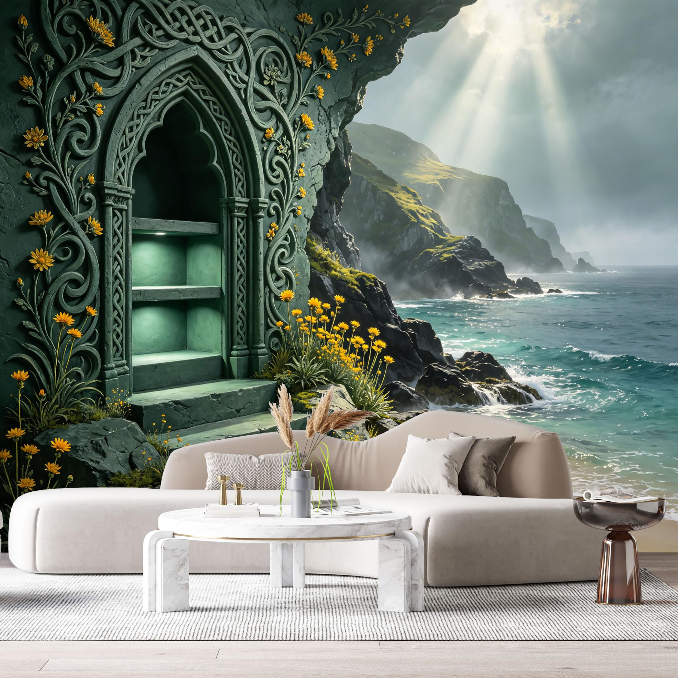 Custom Size Wall Murals Fantasy Coastal Cliff Archway Green Glow 3D Trompe L'Oeil SelfAdhesiveWall Fabric Removable Wallpaper Wall Decor for Living Room Bedroom Bathroom