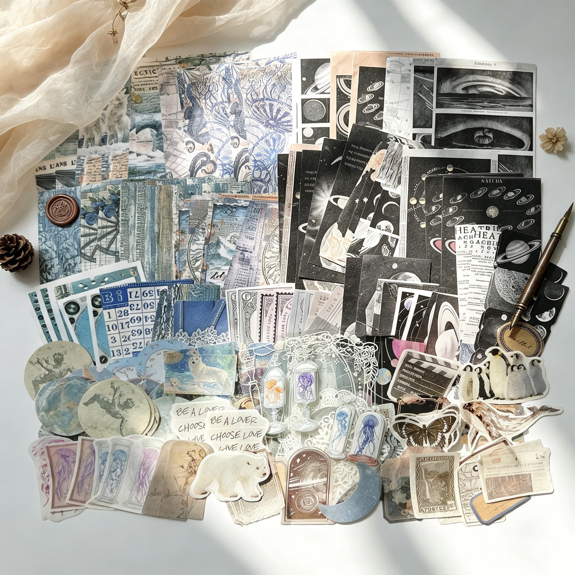 200 Pcs Vintage Scrapbook Paper & Stickers, Junk Journal Supplies Kit