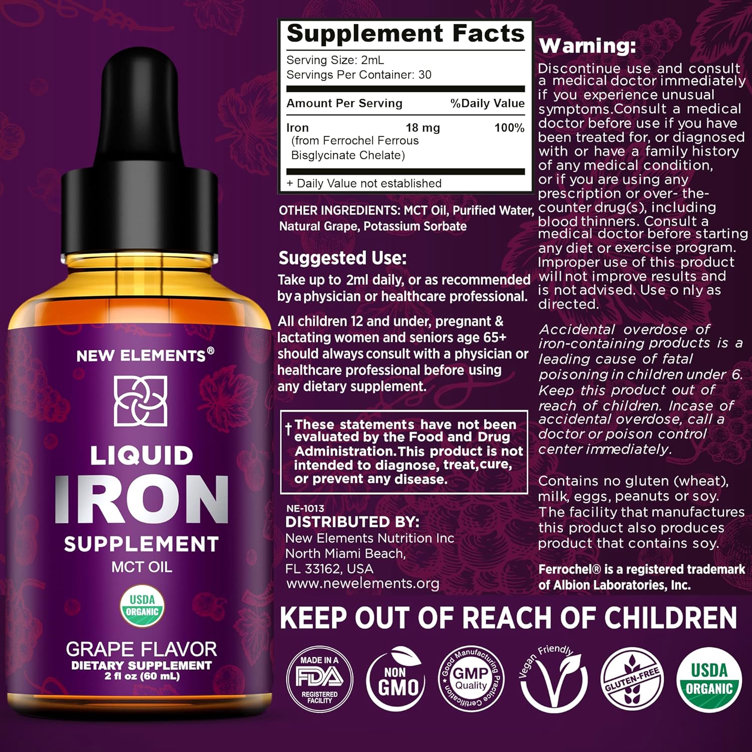 Iron Supplement for Women & Men Free Blood Builder, Iron Vitamin for Anemia USDA Organic Liquid Iron Drops for Adults with MCT Oil, Natural Grape Flavor, Faster Absorption & Immune Support, 2 Fl Oz : Health & Household