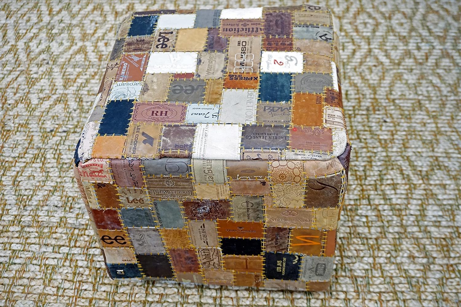 Home&Manor 16" Leather Patch Pouf