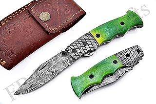 FB LEATHER CRAFTS Handmade Damascus Steel Pocket Folding Knife/Pocket Knife FBK-18786 (Beautiful Green Colored Bone)