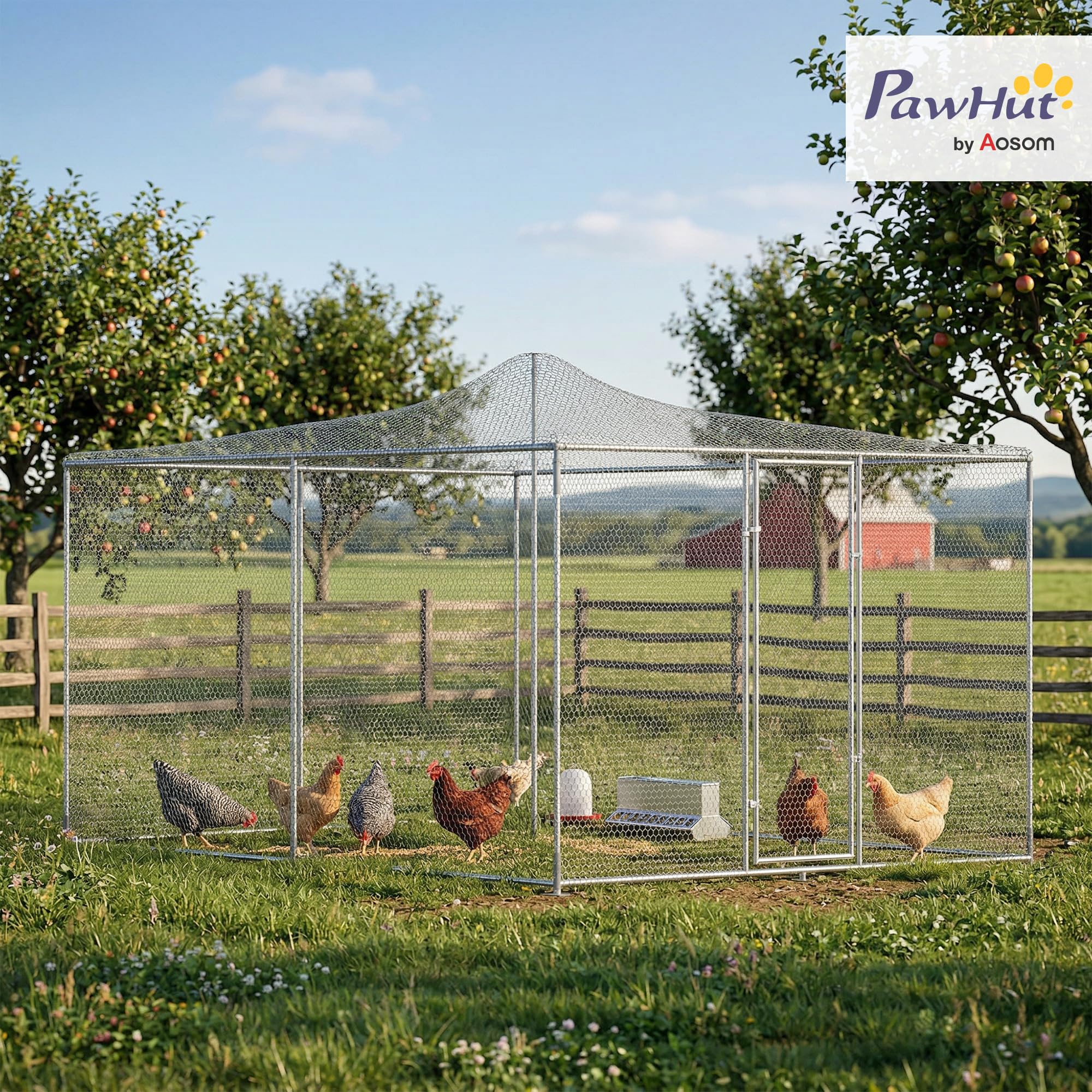 PawHut Gallinero para Exterior Grande 4x3x1,97 m 12 m² para 12-18 Plata | Gallinero de Acero Galvanizado, Walk-In, Puerta con Doble Cierre, Red Superior de PE, Resistente a la Intemperie, Conejera