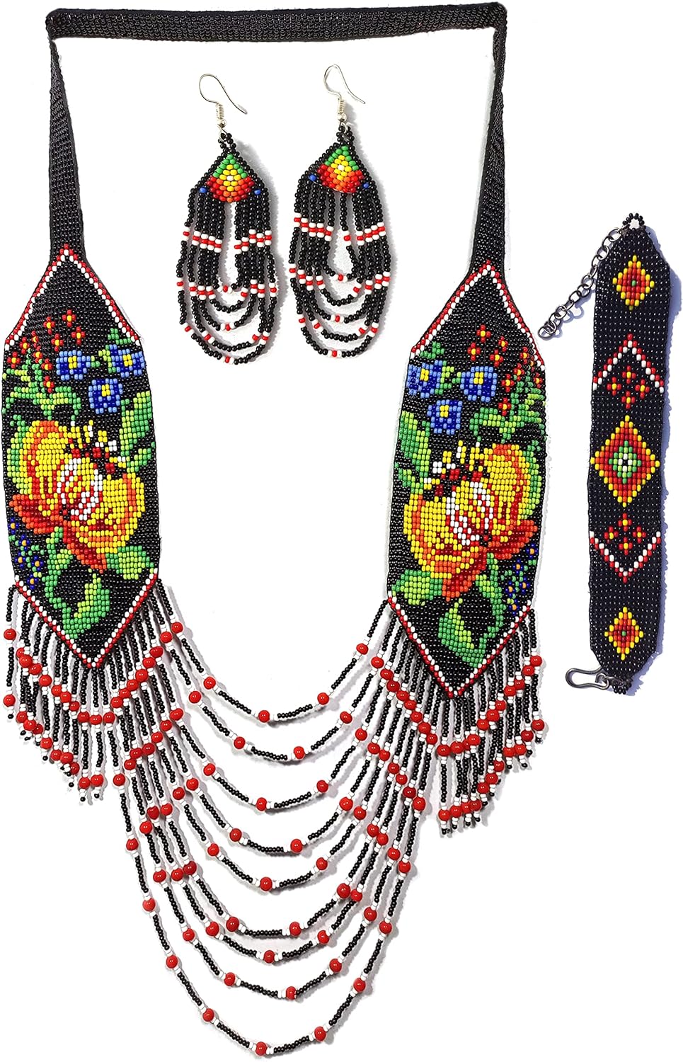 Weavish Layered Beaded Necklace – Boho Native Handmade Seed Bead Tassel Necklace, Bohemian Large Statement Beaded Necklace for Women