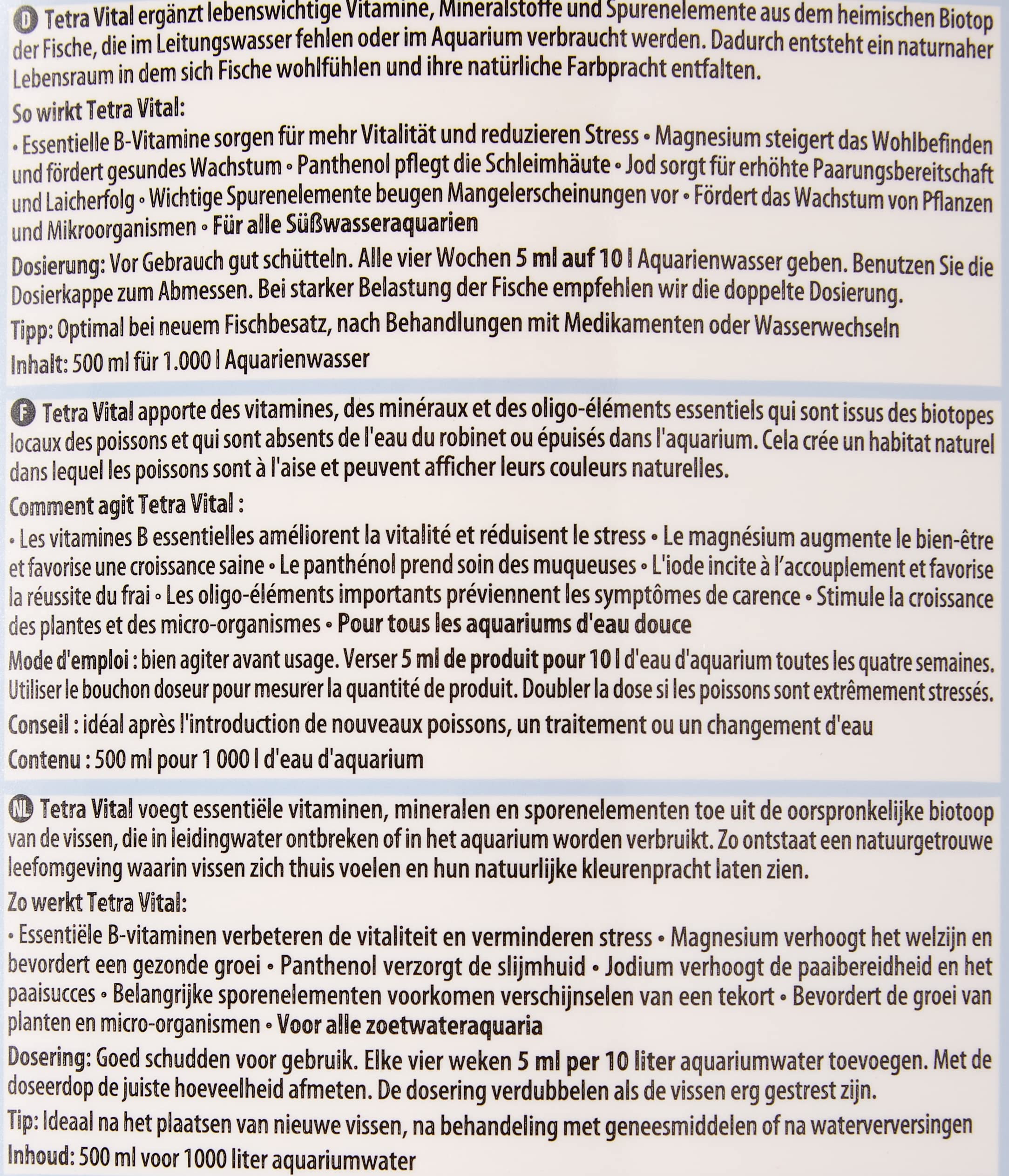 Tetra 736.337 TetraVital, per promuovere la vitalità del sentimento bene e il tripudio di colori di pesci ornamentali, 500 ml