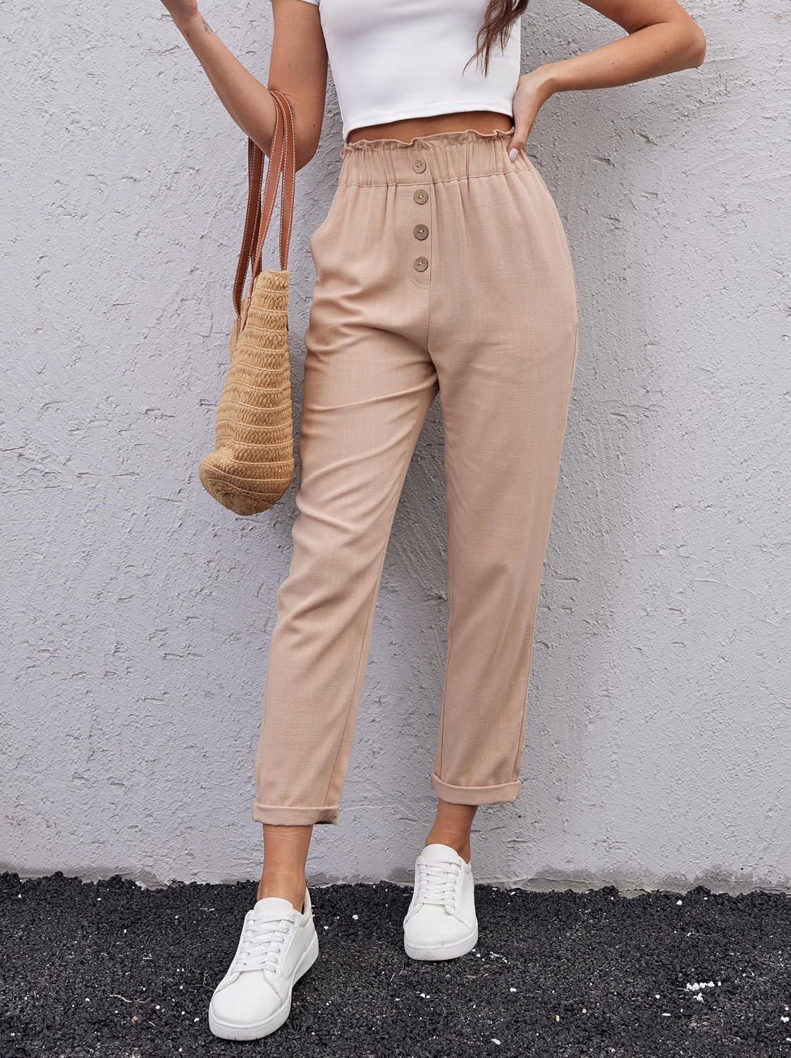 heipeiwa Women's Cotton Linen Casual Cropped Work Pants Summer Paper Bag Dressy Tapered Pants - Image 2