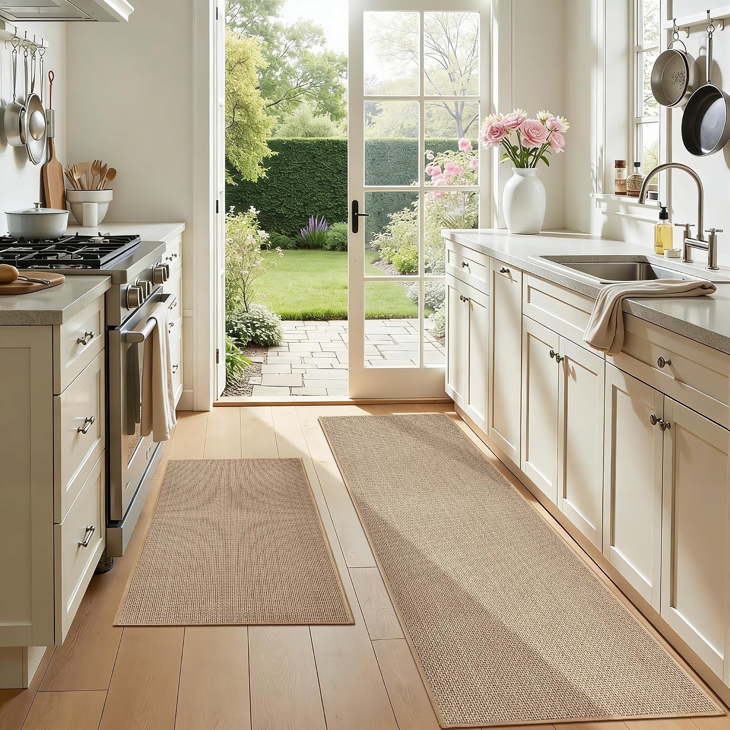 Beige Kitchen Rugs Non Slip Washable Set of 2 PCS, Cushioned Rugs for Kitchen Floor, Absorbent Runner Rug Comfort Mats with Rubber Backing for Kitchen, Hallway, Bathroom, Bedroom, 17.3"x30"+17.3"x47"
