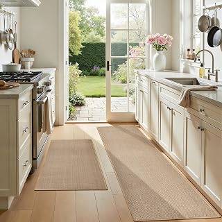 Beige Kitchen Rugs Non Slip Washable Set of 2 PCS, Cushioned Rugs for Kitchen Floor, Absorbent Runner Rug Comfort Mats with Rubber Backing for Kitchen, Hallway, Bathroom, Bedroom, 17.3"x30"+17.3"x47"