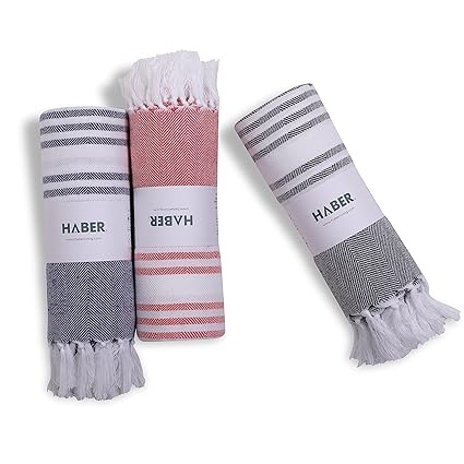 HABER Bath Towel Light Weight 100% Cotton with Super Absorb Texture, Quick Absorption and Faster Drying Towel - Herringbone Series (Pack of 3, Assorted)