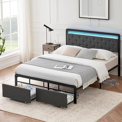 Base de cama Queen con 2 cajones de almacenamiento, cabecera capitonada con botones y luces LED, cama de plataforma tapizada con almacenamiento,